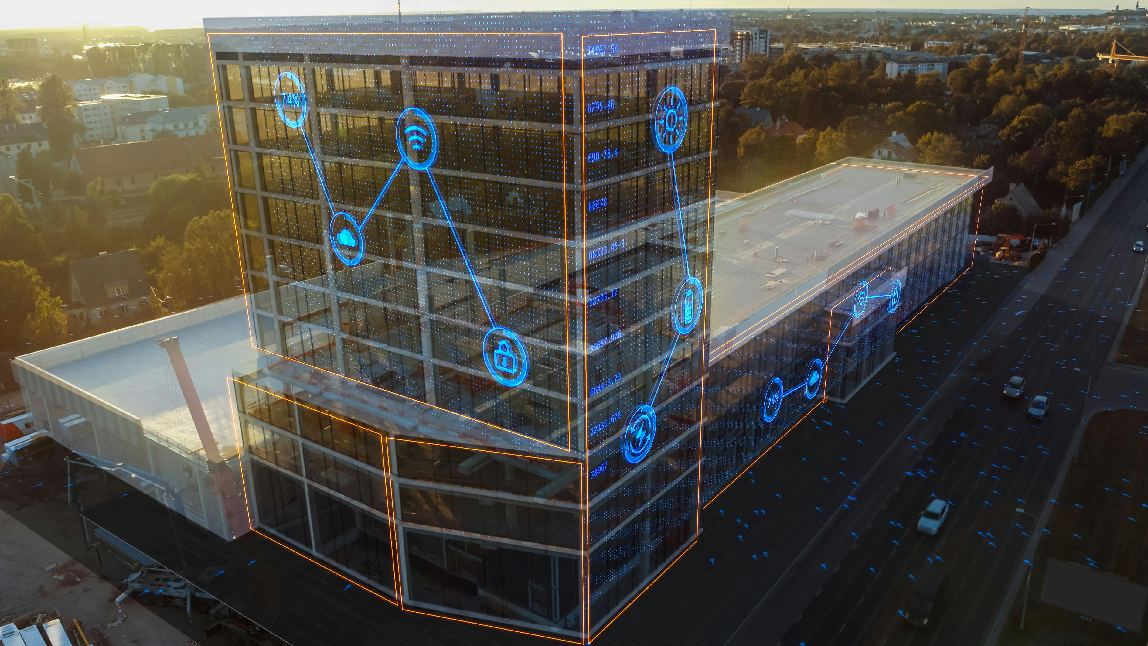 Exterior view of building with technology icons overlaid on facade representing smart building.