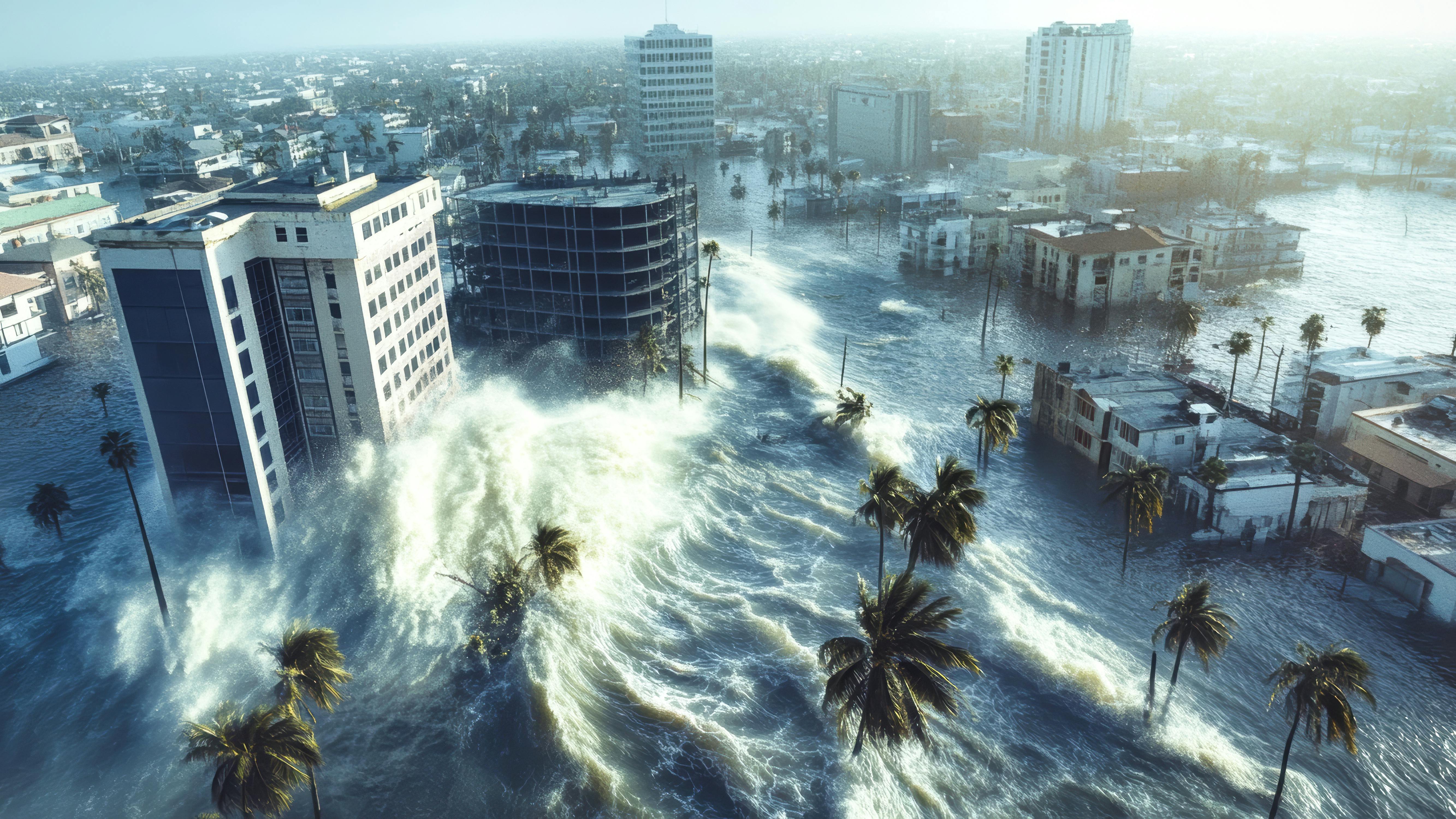 AI-generated image of tsunami engulfing buildings in a coastal city.