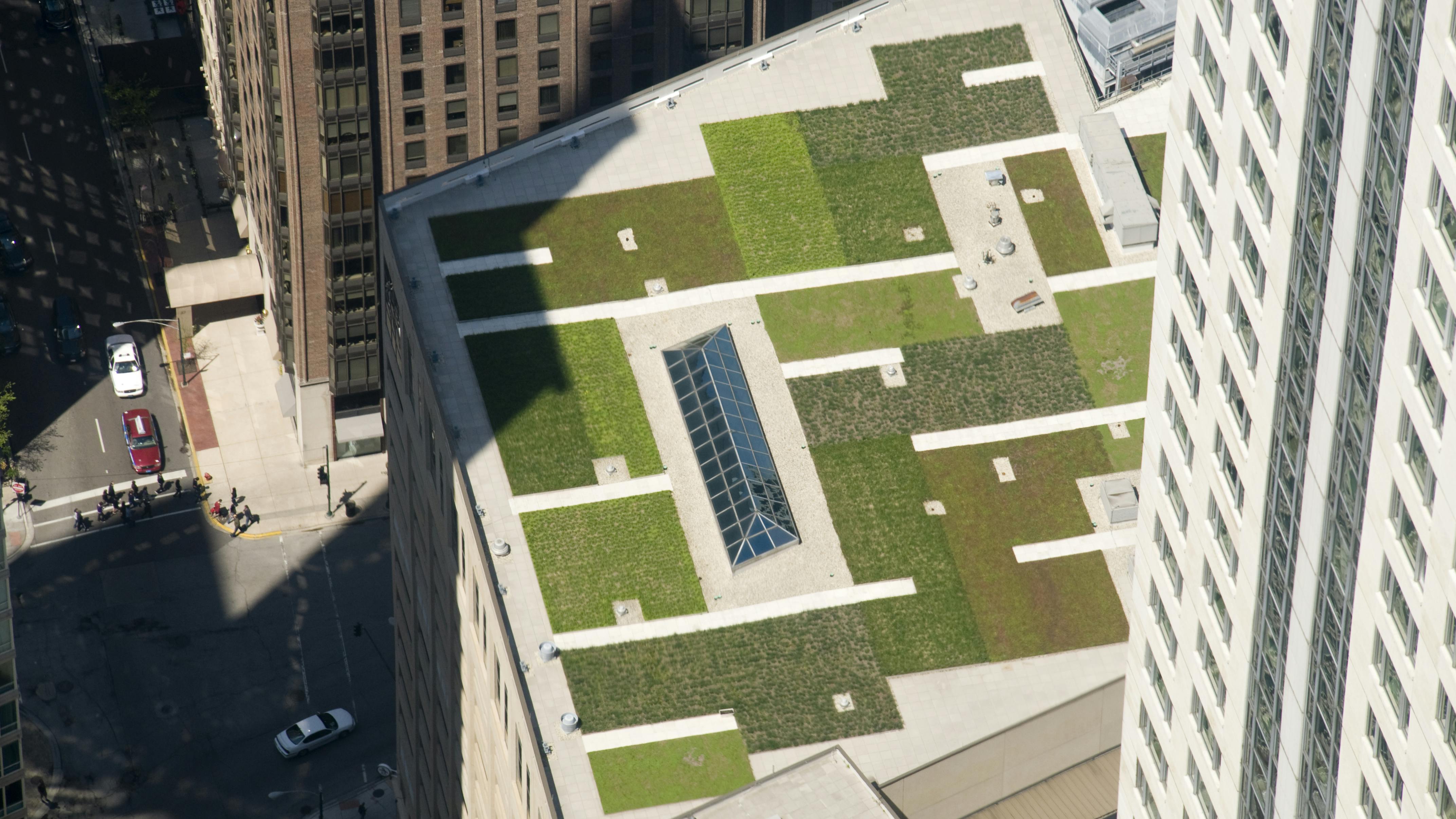 This green roof is in downtown Chicago. Green roofs can help provide passive cooling to buildings by absorbing heat and water, which keeps indoor temperatures more stable.