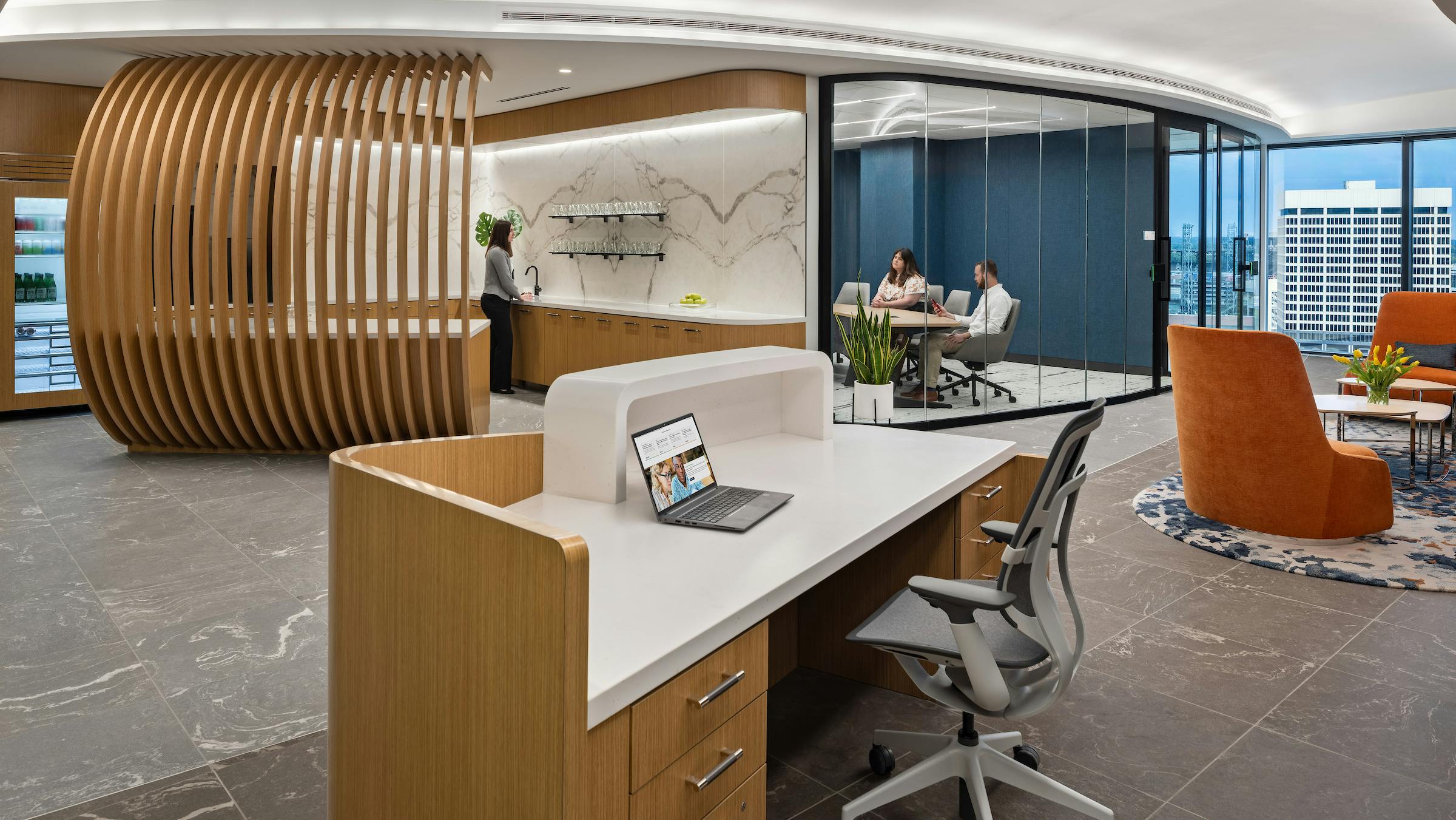 Hendrick&rsquo;s design for OneDigital&rsquo;s corporate headquarters in Atlanta uses a sustainable acoustic plaster. The firm installed barrel-vaulted ceilings in the reception area and boardroom and hired an acoustician to advise on the project.