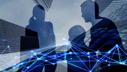 Computer-generated image of three silhouetted people and buildings overlayed with connected lines signaling technology. Computer-generated image of three silhouetted people and buildings overlayed with connected lines signaling technology.