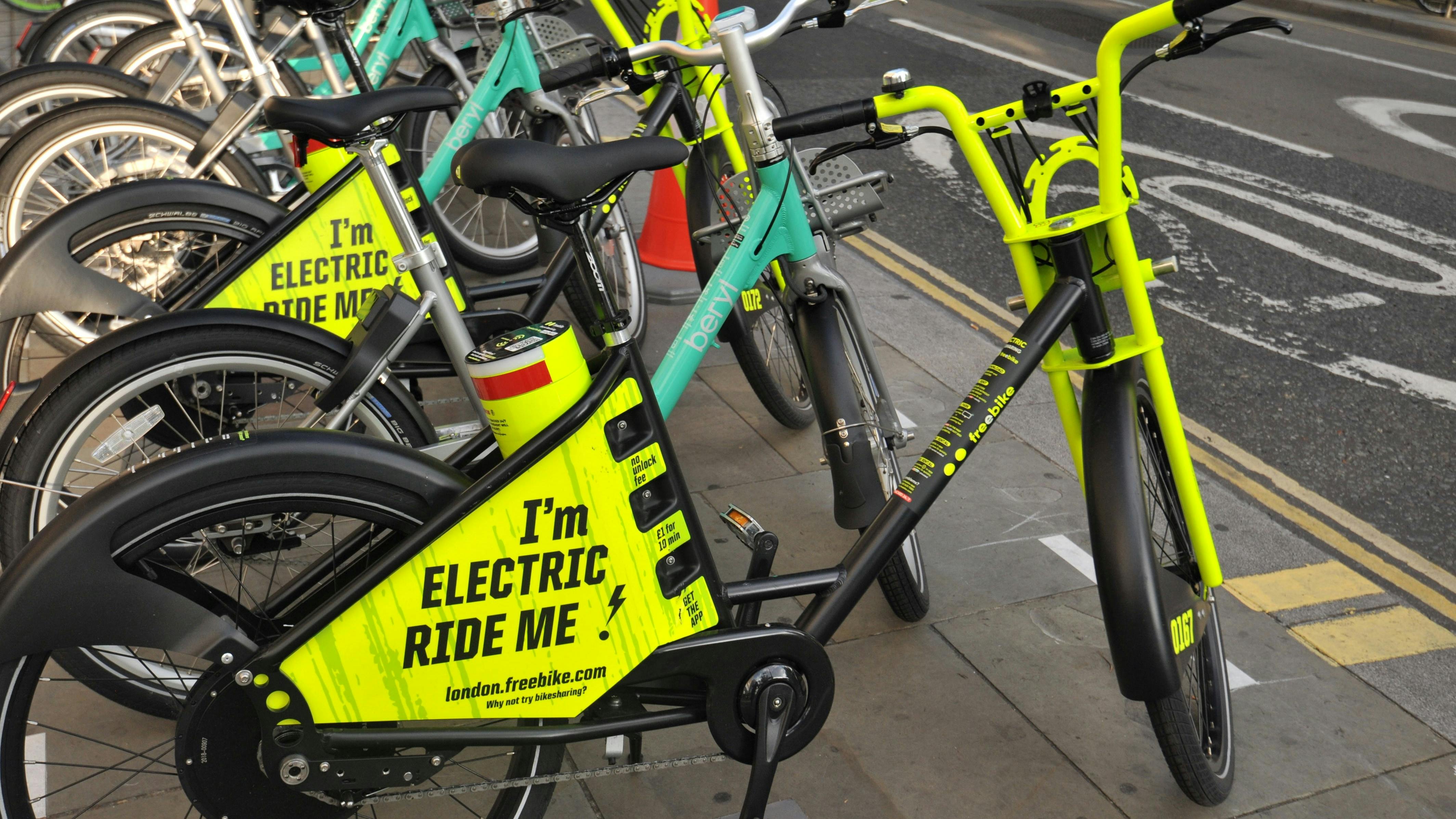 Electric bikes (e-bikes) are shown in London. Lithium-ion batteries used in e-bikes can cause fires if they&rsquo;re damaged.