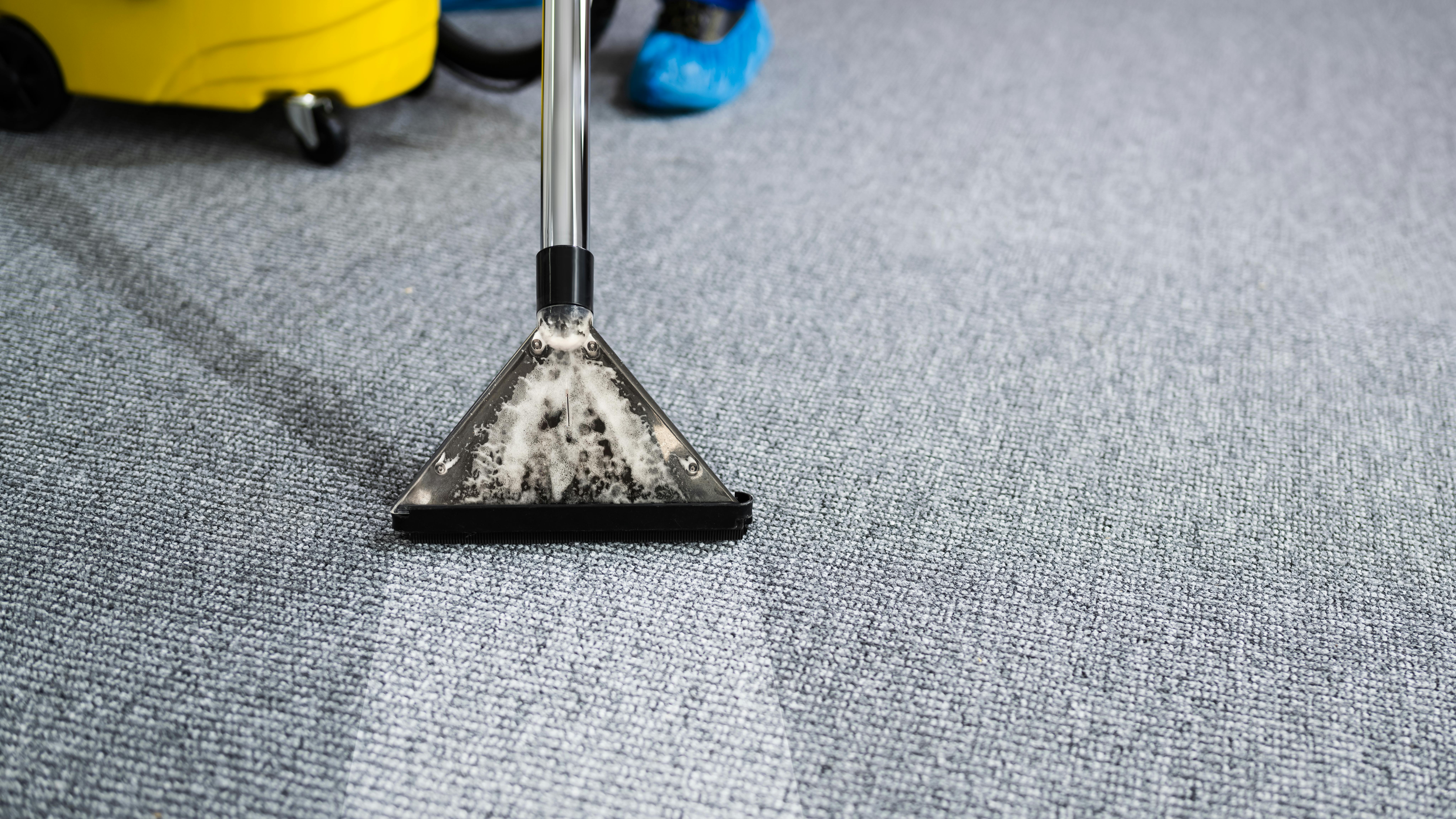 A janitor cleans a carpet.
