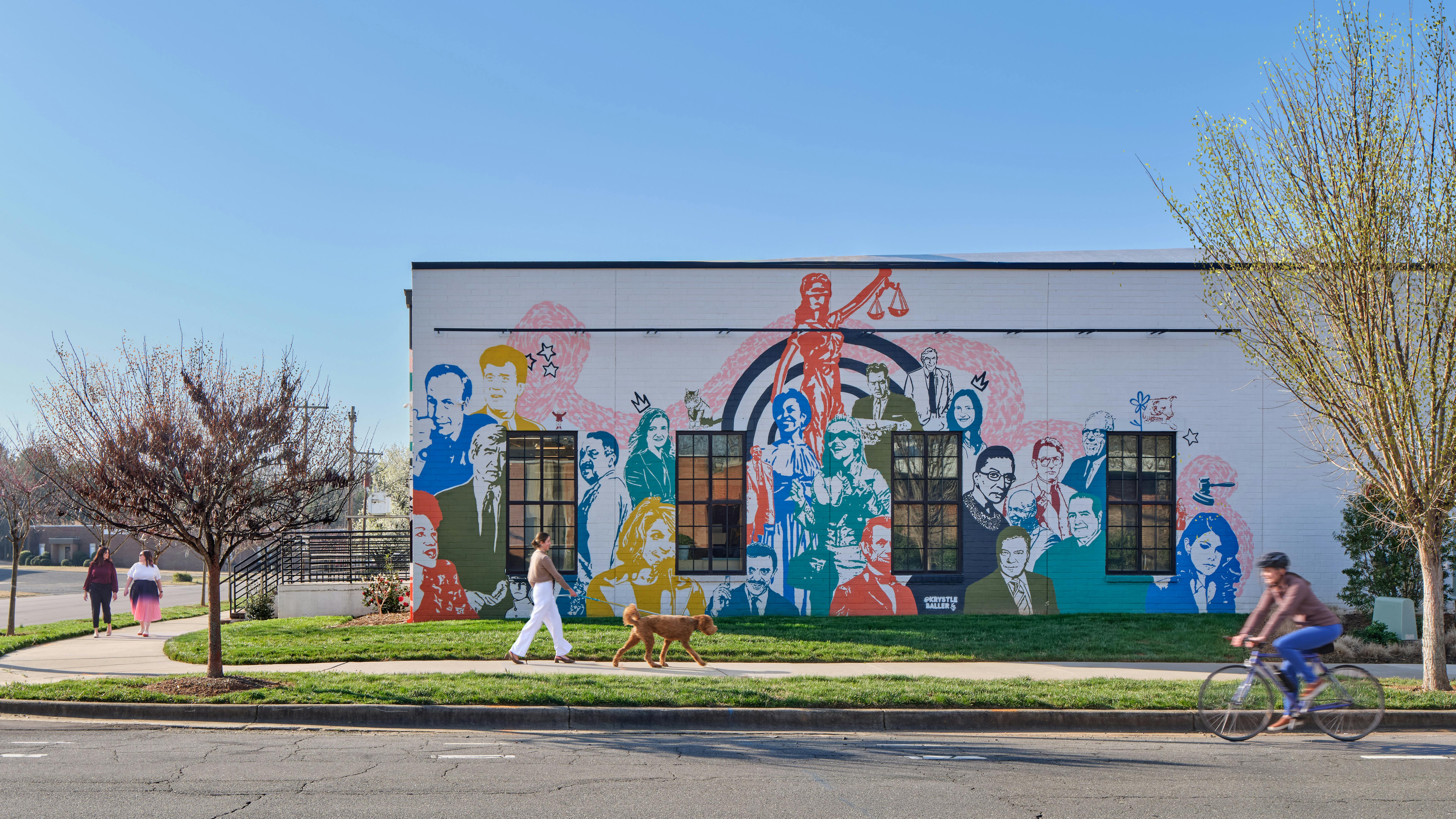 The exterior mural is a vibrant tribute to the building&rsquo;s location in Charlotte, North Carolina&rsquo;s NoDa arts district, a neighborhood full of building murals. For Gardner Skelton&rsquo;s contribution, the mural highlights prominent legal figures, including real (Ruth Bader Ginsburg) and fictional (Jackie Chiles from Seinfeld), and founders Nicole Gardner and Heather Skelton complete with crown as a node to the Queen City.