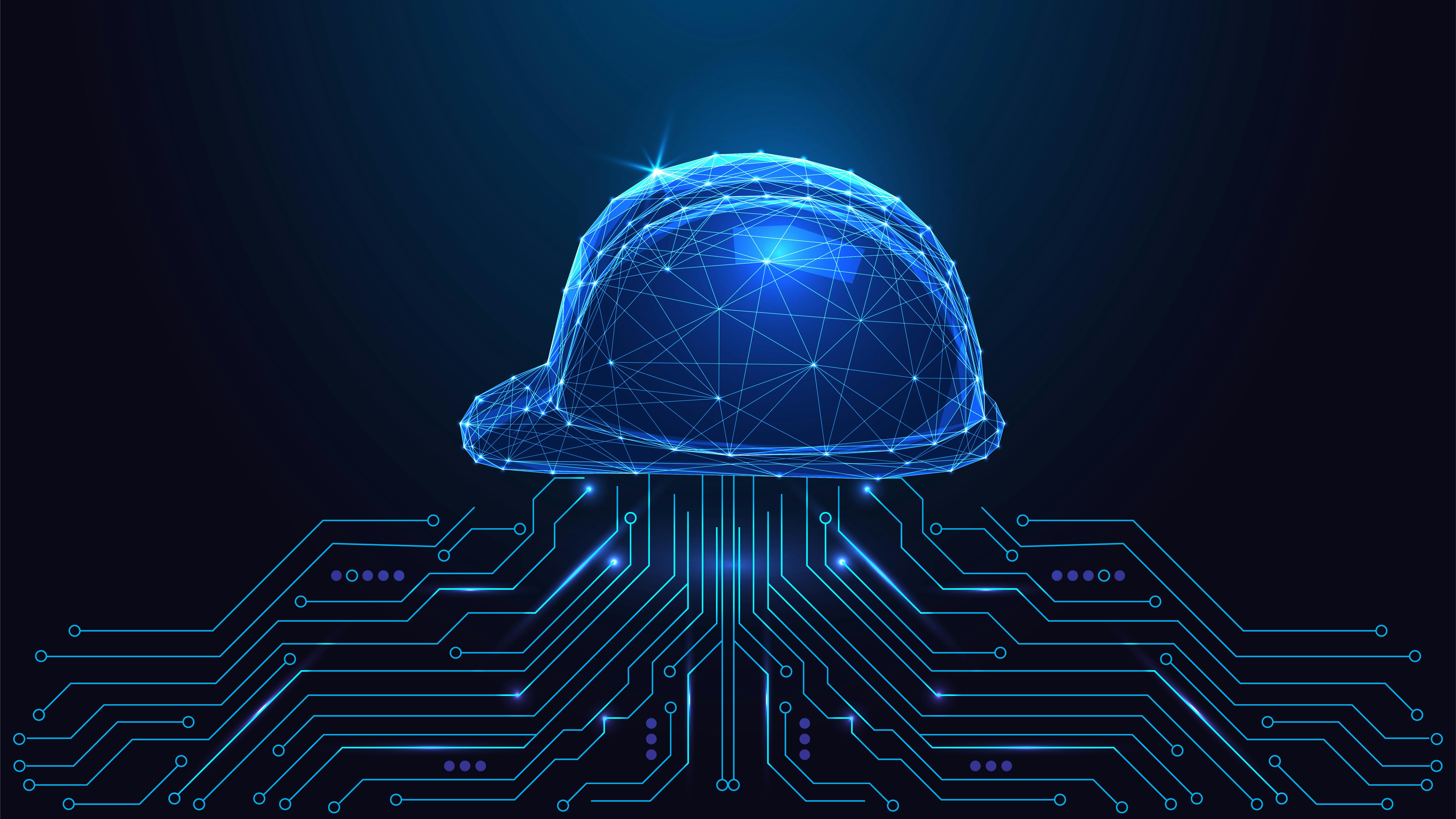 Rendering of a line-drawn safety helmet sitting atop circuitry against a dark blue background.