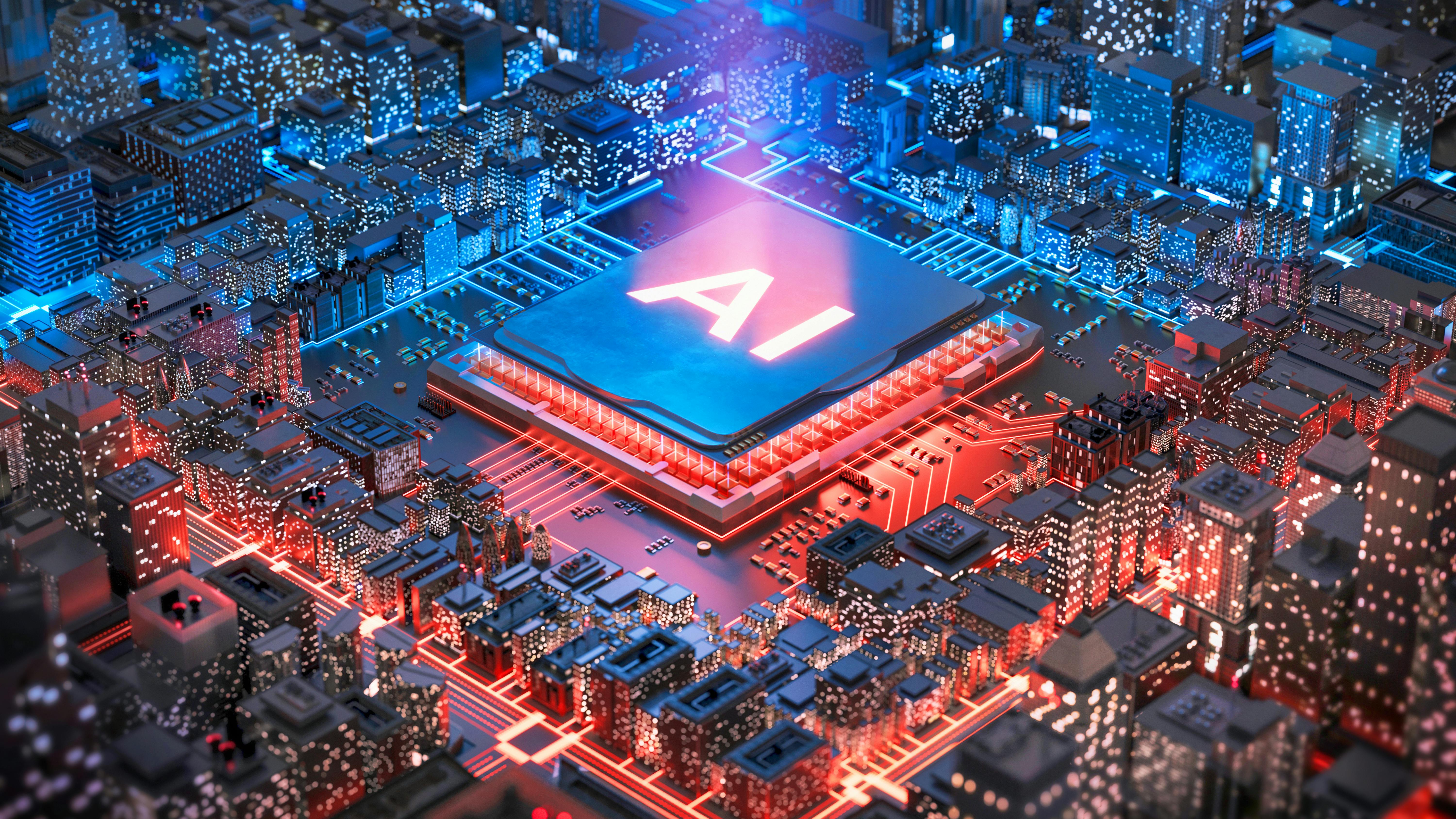 Computer rendering of AI smart chip embedded in cityscape in red and blue.