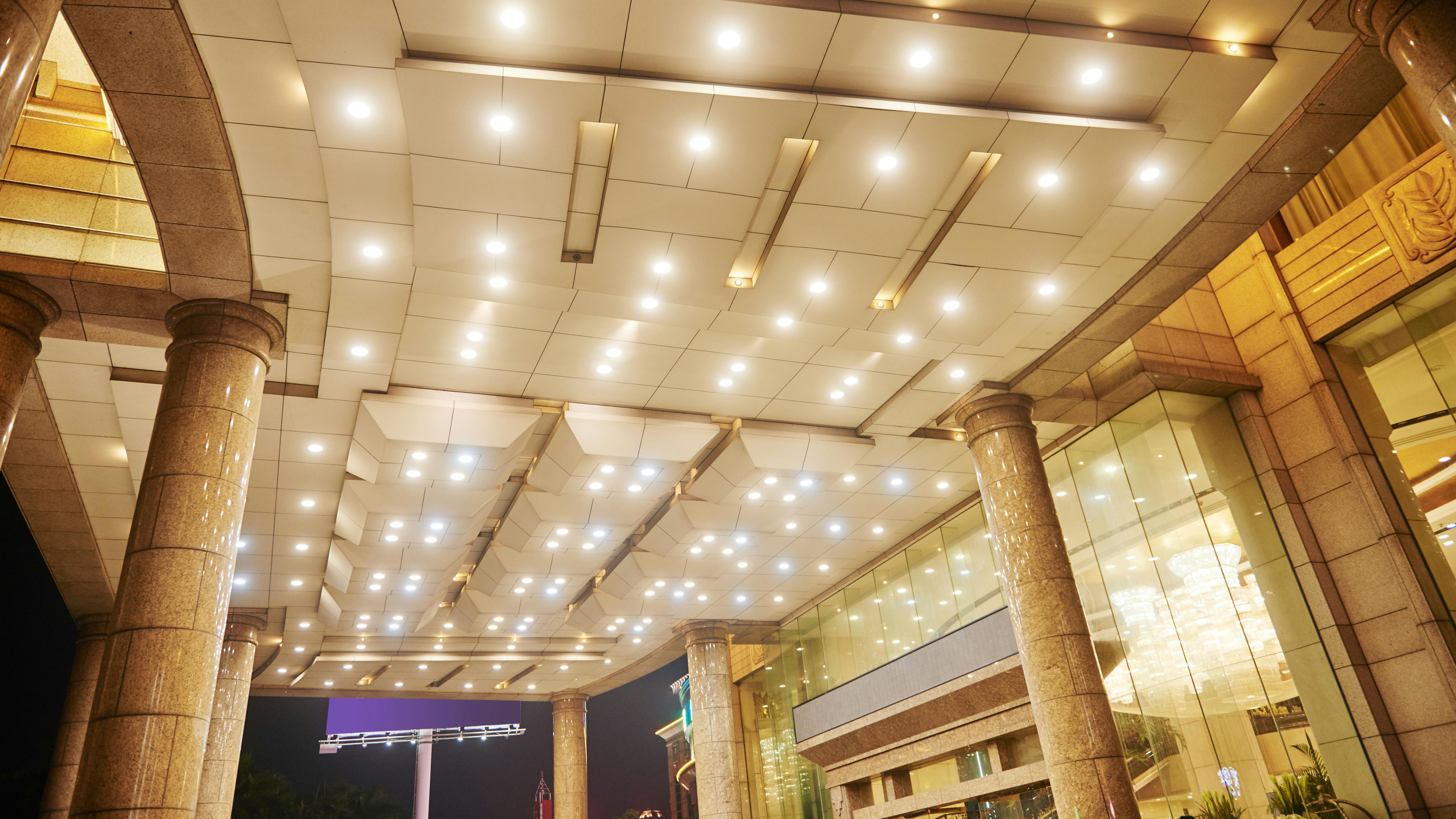 LED lighting illuminates a hotel lobby.