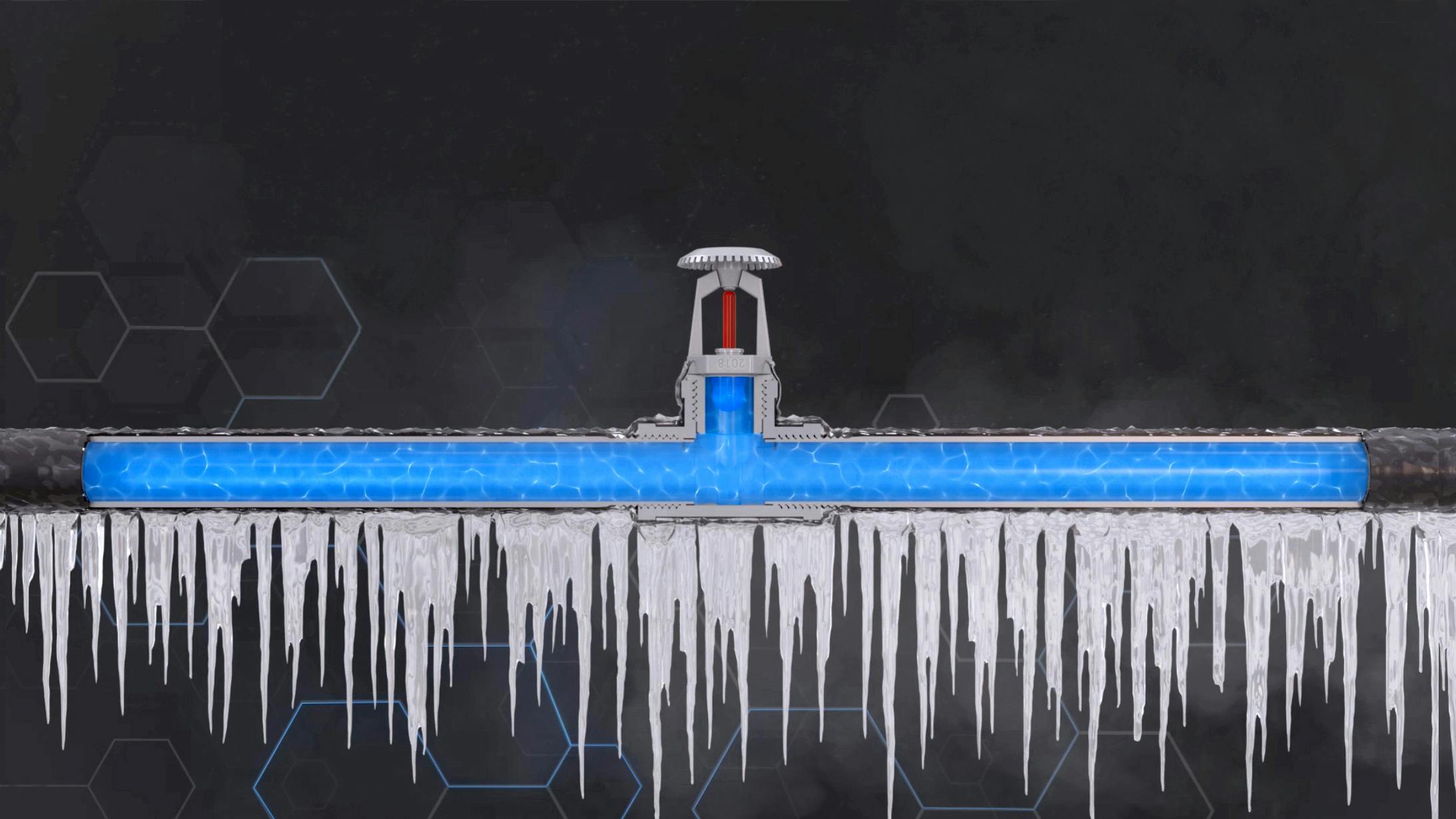 Frozen sprinkler pipes highlight the critical role of antifreeze in protecting fire suppression systems during winter conditions.