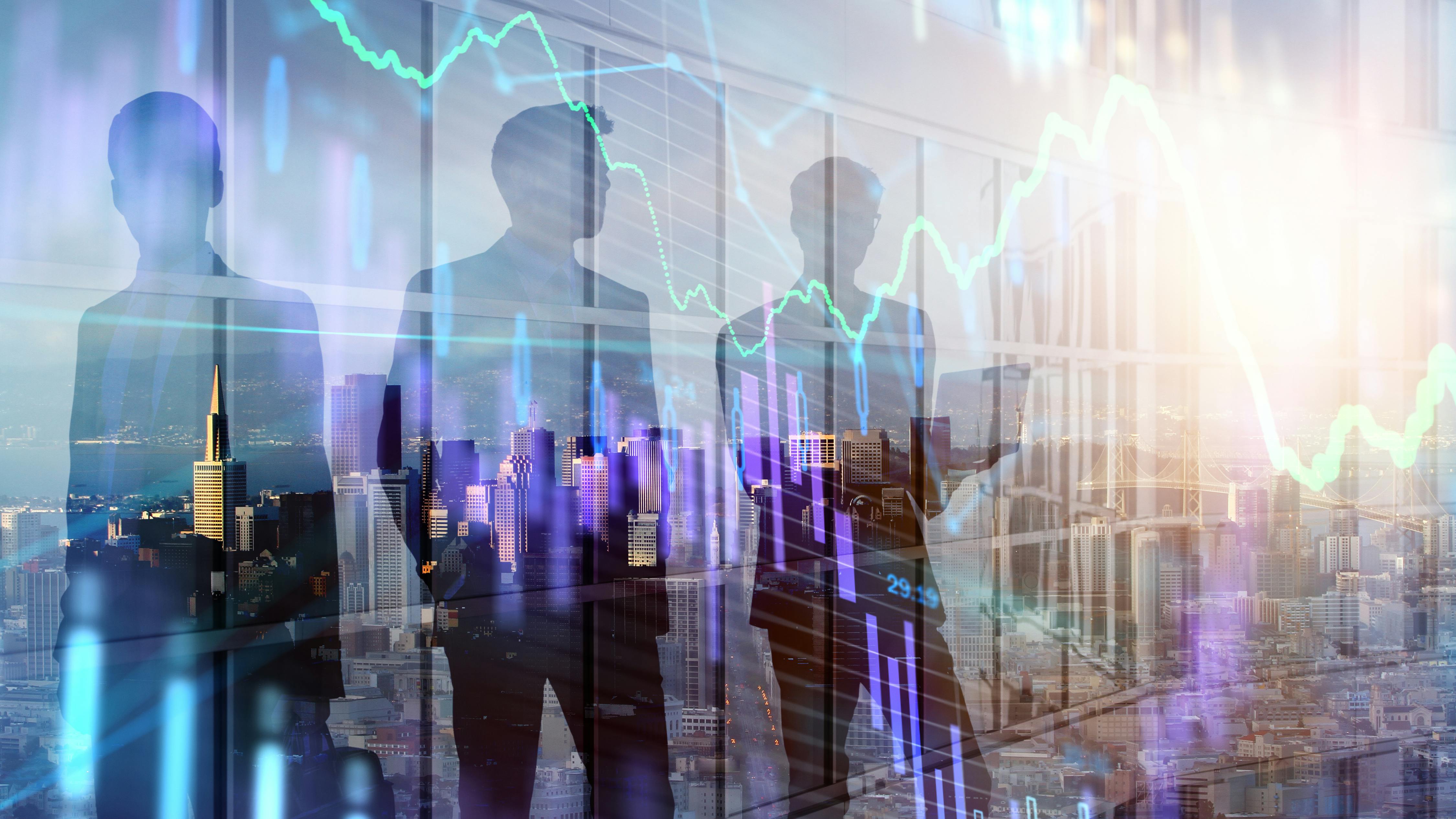 Businesspeople silhouettes with forex chart standing on abstract city background. Teamwork and stock concept. Double exposure