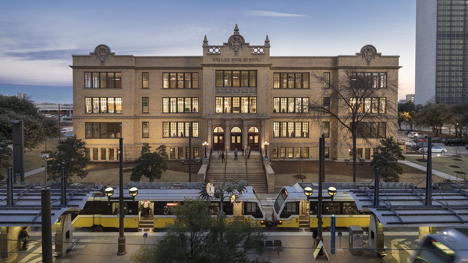Exterior view of the newly renovated, historic Old Dallas High School building.