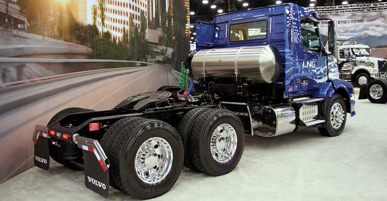 Volvo showed a new mounting arrangement for LNG fuel tanks that leaves more space on the frame rails