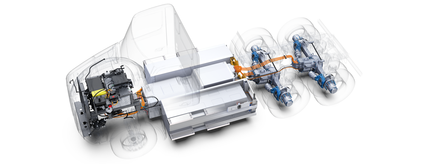 Meritor's 14Xe electric powertrain is designed to provide efficiency, performance, weight savings, and space utilization. Key features, compared to remote mount systems, include a tighter turning radius due to a shorter wheelbase; increased room between frame rails for additional battery capacity, which extends the range of the vehicle; and lighter weight.