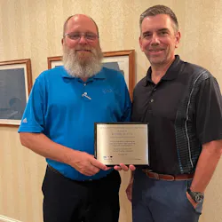 Eagle Transport president Lance Collette, at right, congratulates Ronnie McCoy for his 2020 NCTA Safety Professional of the Year award. Eagle Transport president Lance Collette, at right, congratulates Ronnie McCoy for his 2020 NCTA Safety Professional of the Year award.