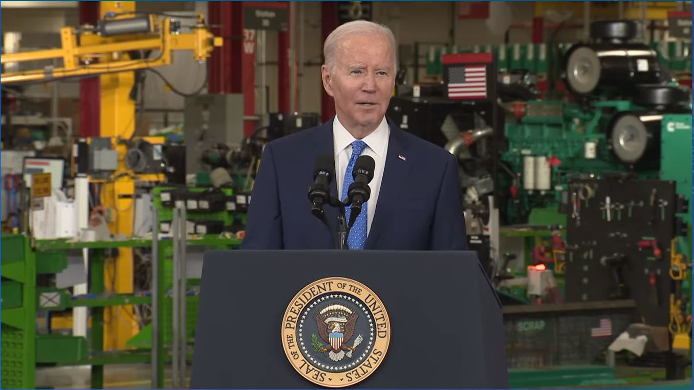 President Joe Biden speaks at Cummins' Fridley, Minnesota, manufacturing plant on April 3.