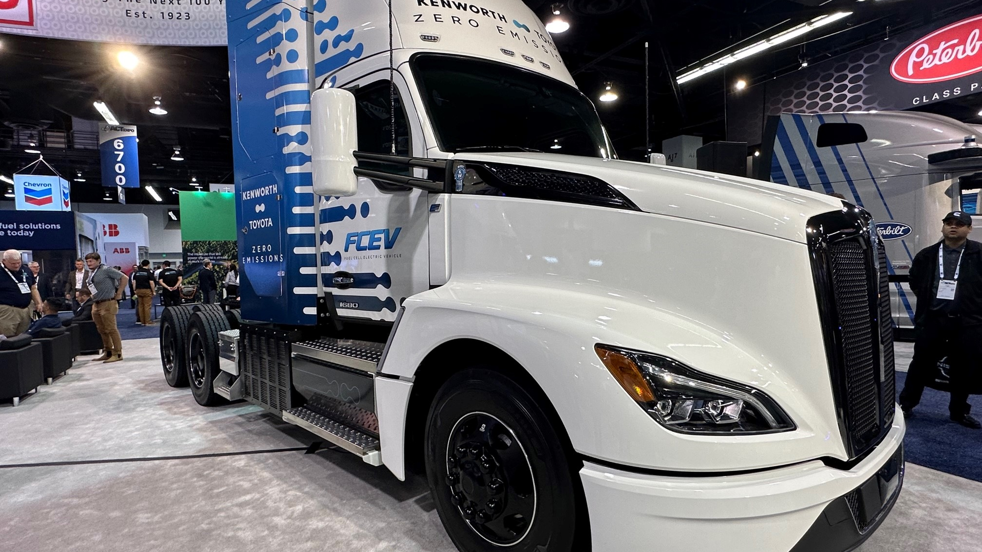 Kenworth's T680 hydrogen fuel cell electric vehicle, powered by Toyota fuel cell technology, on display at ACT Expo 2023.