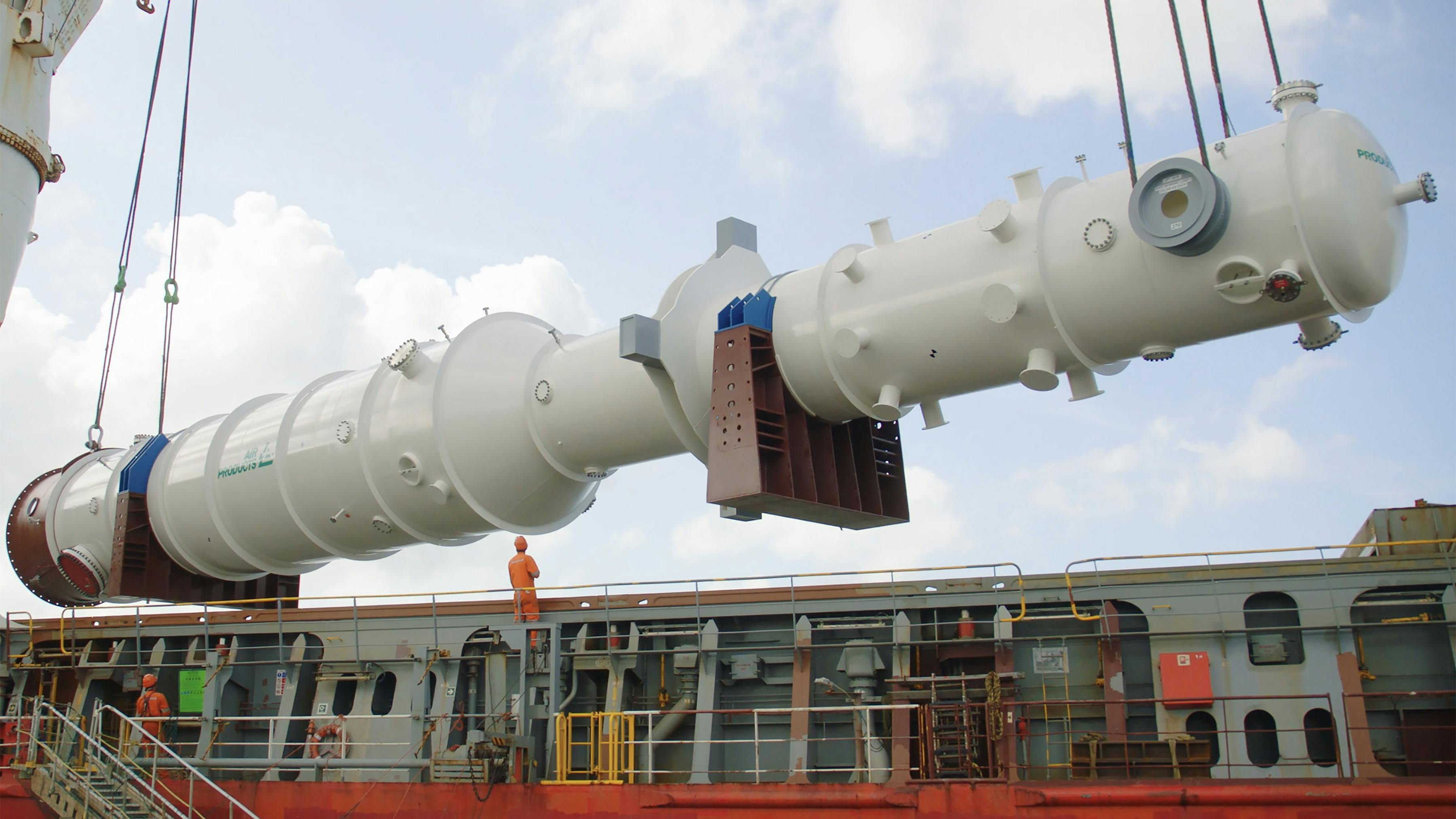 A completed LNG heat exchanger manufactured at Air Products' Port Manatee facility is being loaded on a carrier at the Port of Manatee for shipment to the customer.