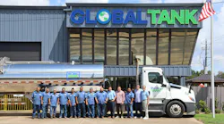 From right to left, Global Tank President James Stinson, Leasing Director Grant Stinson, and their Pasadena staff stand in front of a Wabash chemical tank trailer pulled by a Freightliner Cascadia truck. Global Tank opened a second Houston-area location in October. From right to left, Global Tank President James Stinson, Leasing Director Grant Stinson, and their Pasadena staff stand in front of a Wabash chemical tank trailer pulled by a Freightliner Cascadia truck. Global Tank opened a second Houston-area location in October.