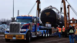 A truck transports the oversized load to the Calumet City public safety training center, where first responders will receive hands-on training to ensure they are better prepared for emergency responses involving rail tank cars and hazardous materials. A truck transports the oversized load to the Calumet City public safety training center, where first responders will receive hands-on training to ensure they are better prepared for emergency responses involving rail tank cars and hazardous materials.