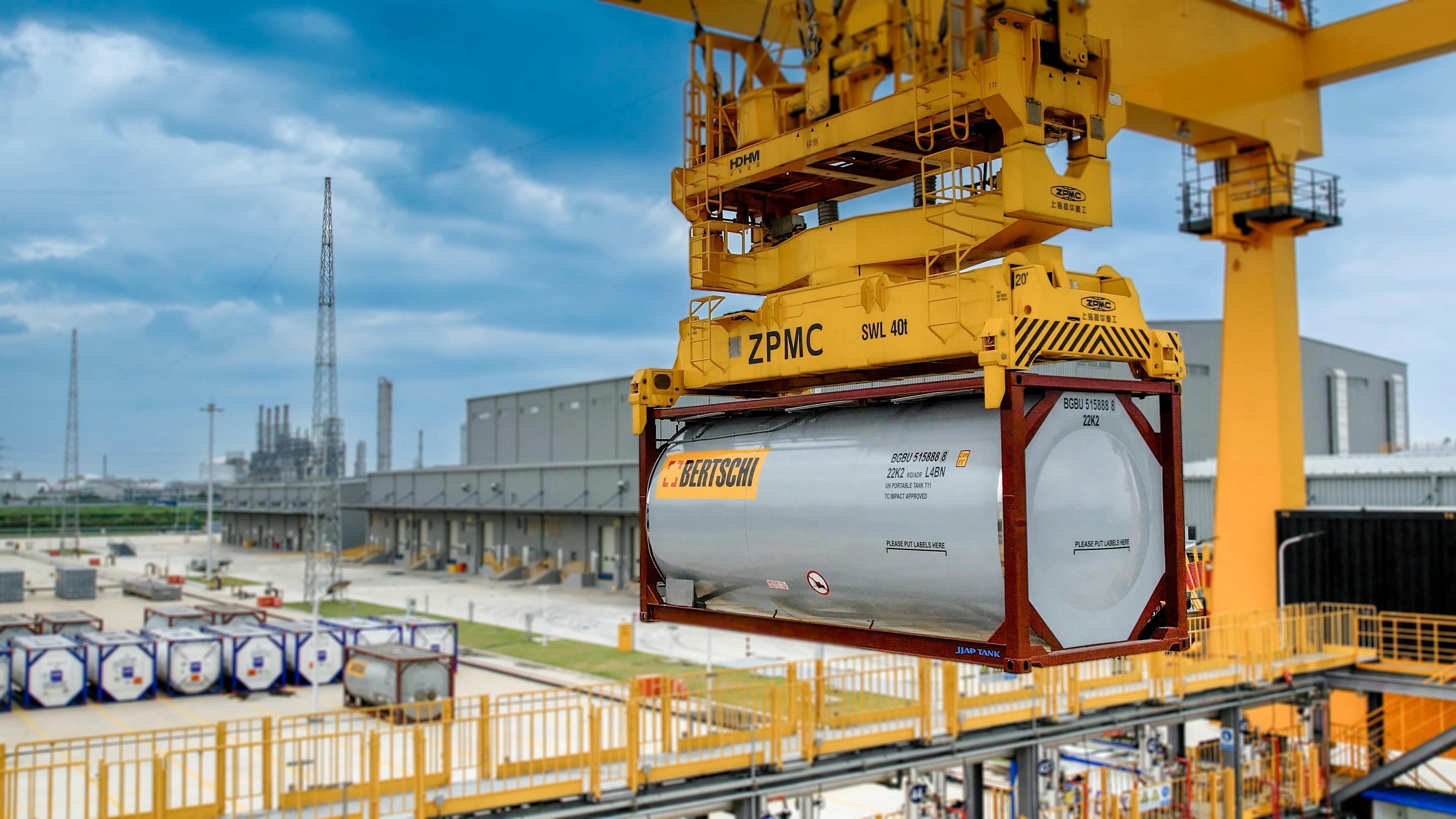 A Bertschi tank container is lifted at the Zhangjiagang chemical logistics hub in China.