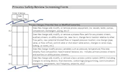 Figure 3. This excerpt from a process safety review screening form includes a section identifying process changes. Note: Companies need to develop and routinely revalidate their own screening forms. Source: Jody E. Olsen Figure 3. This excerpt from a process safety review screening form includes a section identifying process changes. Note: Companies need to develop and routinely revalidate their own screening forms. Source: Jody E. Olsen