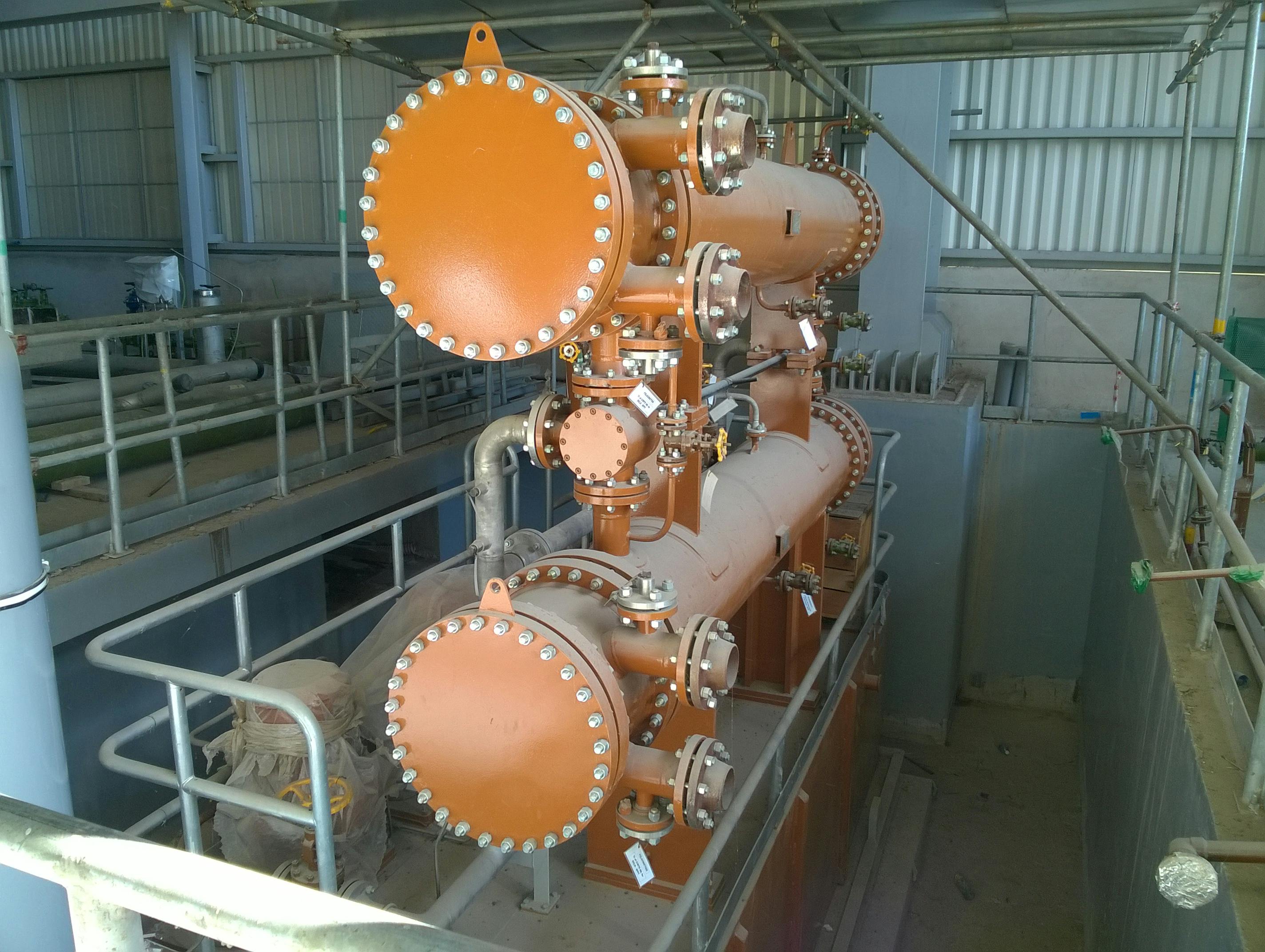 Figure 1. Example of shell and tube heat exchangers with their nozzles during construction.