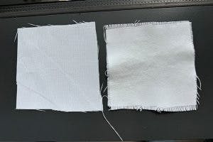 A chalk-based coating attaches to various commercially available textiles, including cotton and synthetic fiber, to create cooling fabrics, such as the treated synthetic material (right) that&rsquo;s brighter than the untreated fabric (left). Photo: Evan D. Patamia
