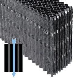 Figure 7a. Vertical flute, low-fouling film-fill. Note the straight path through the packing. Figure 7a. Vertical flute, low-fouling film-fill. Note the straight path through the packing.