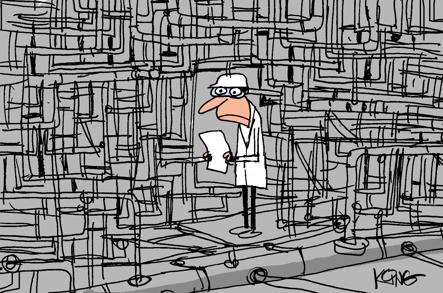 Engineer Is Lost In A Maze Of Pipes In A Cartoon Drawn By Jerry King