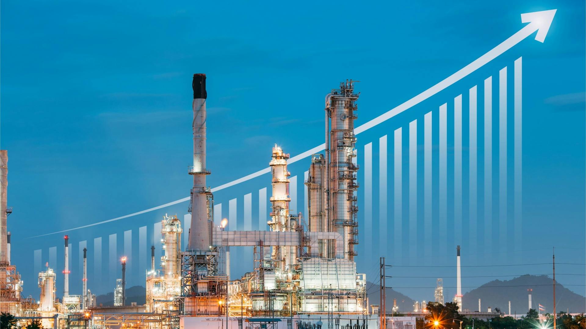 Oil gas refinery or petrochemical plant with increase bar chart and arrow layered behind it