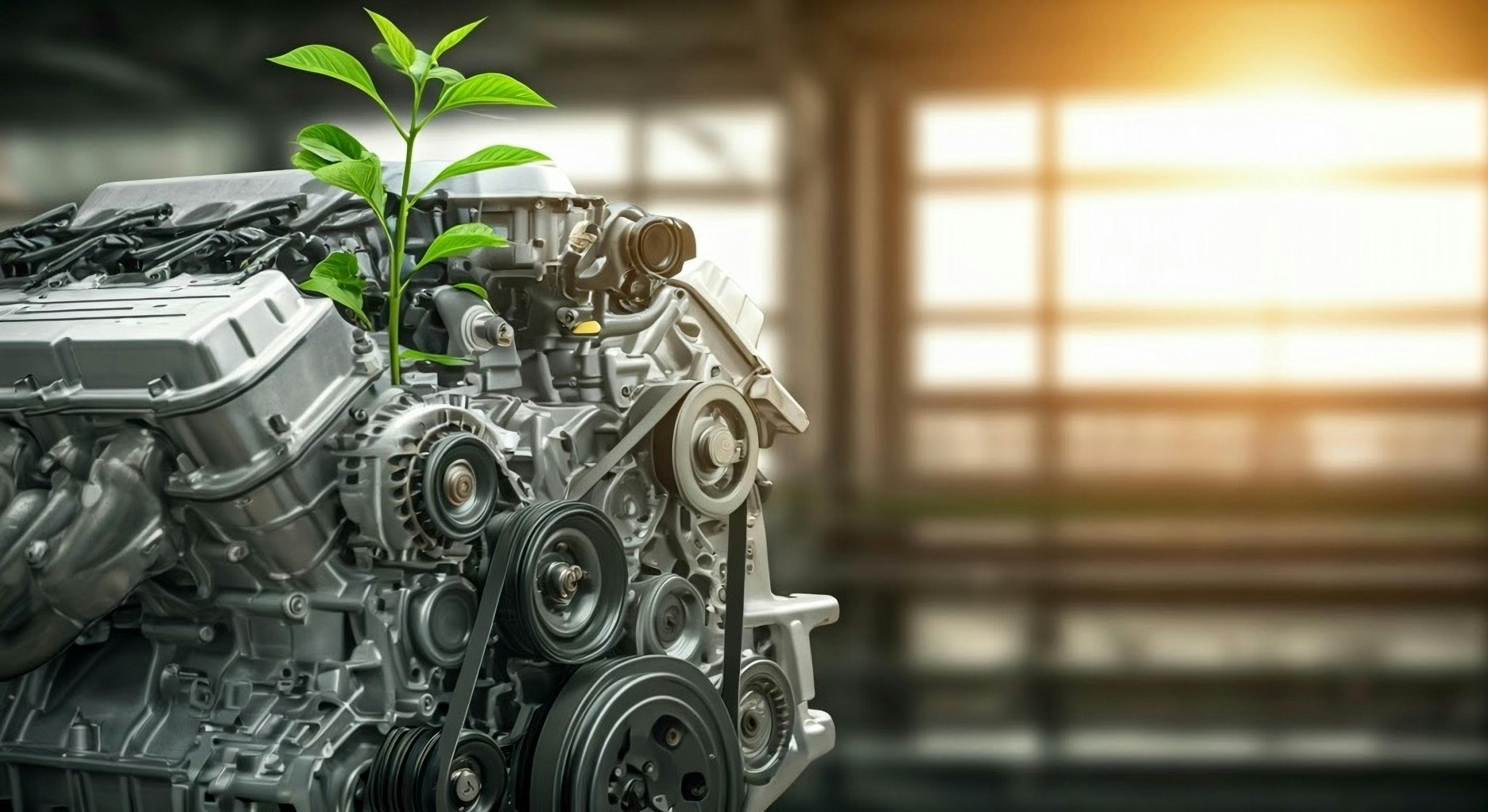 Automotive engine 'growing' a green plant. AI-generated image