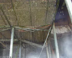 cooling tower’s fill support structure partially collapsed from the accumulation of microbial slime and silt. cooling tower’s fill support structure partially collapsed from the accumulation of microbial slime and silt.