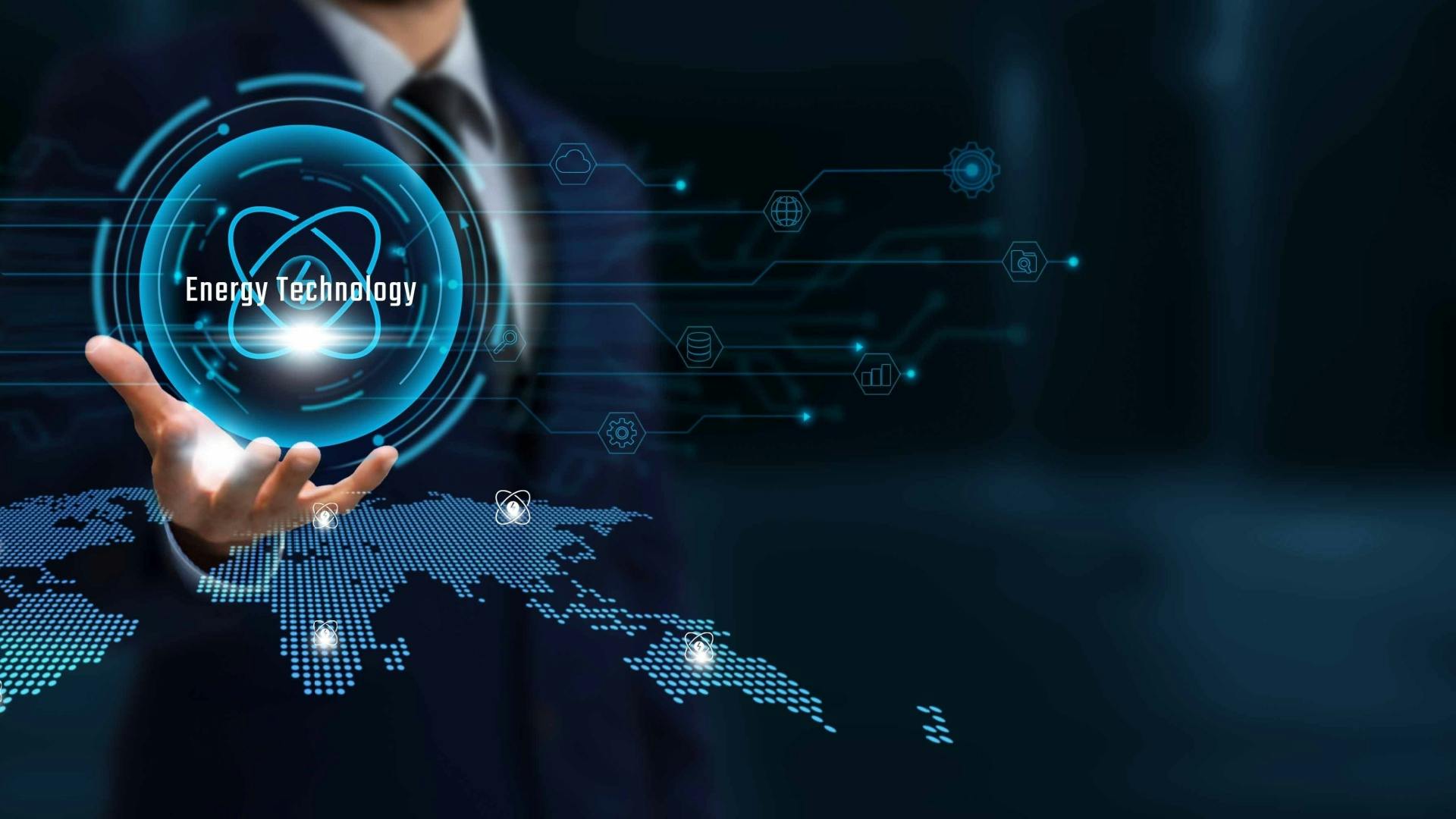 Businessman Holding the Smart Energy Network Connecting Icon Essential to Business and Sustainable Operations with Renewable System and Global Network