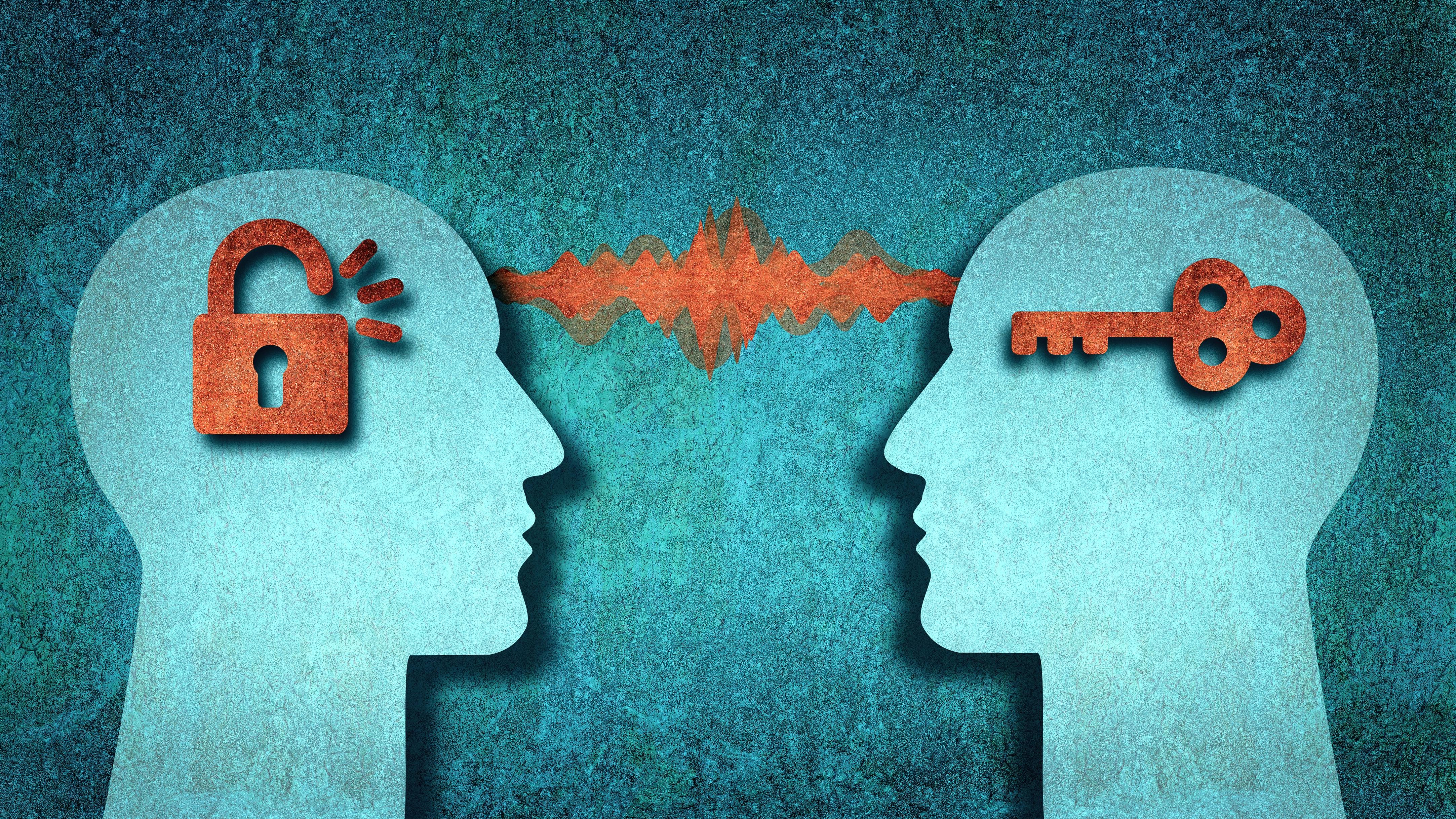 image of 2 heads facing each other with one head with a lock and the other head with the key