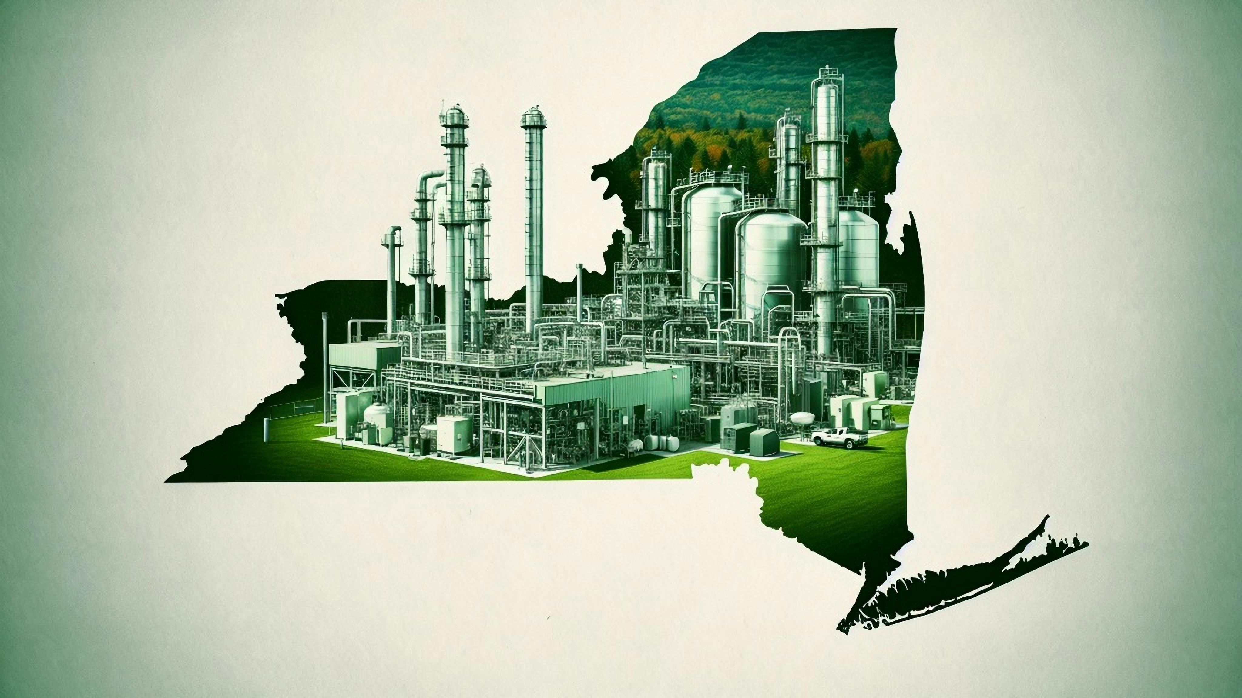 image of a green hydrogen plant with an outline of New York State transposed over it