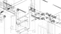industrial equipment with piping in the factory. 3d rendering wire frame industrial equipment with piping in the factory. 3d rendering wire frame