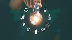 Hand holding light bulb with icons for green energy sources and renewables Hand holding light bulb with icons for green energy sources and renewables