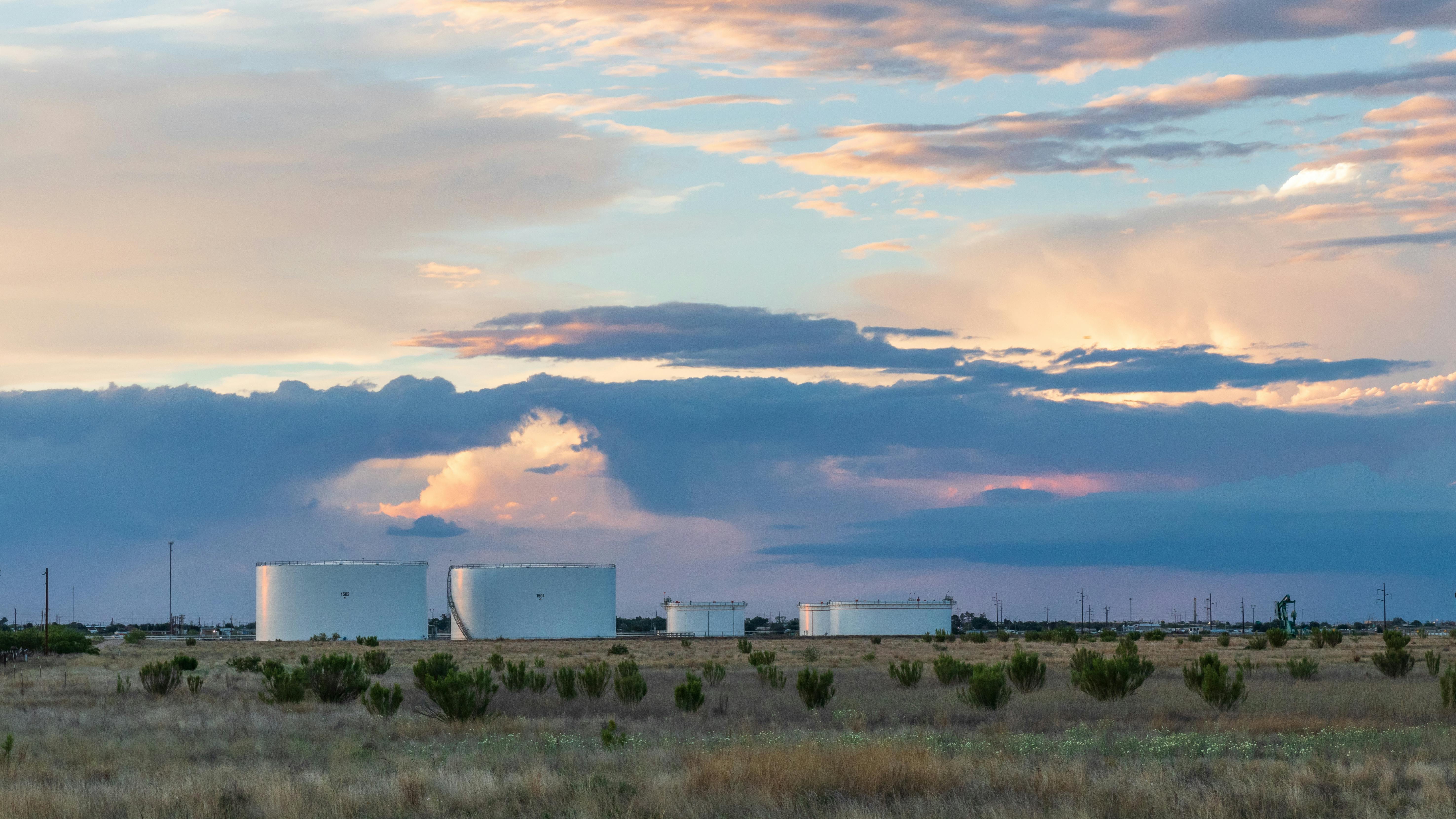 Permian Basin skies with storage tanks