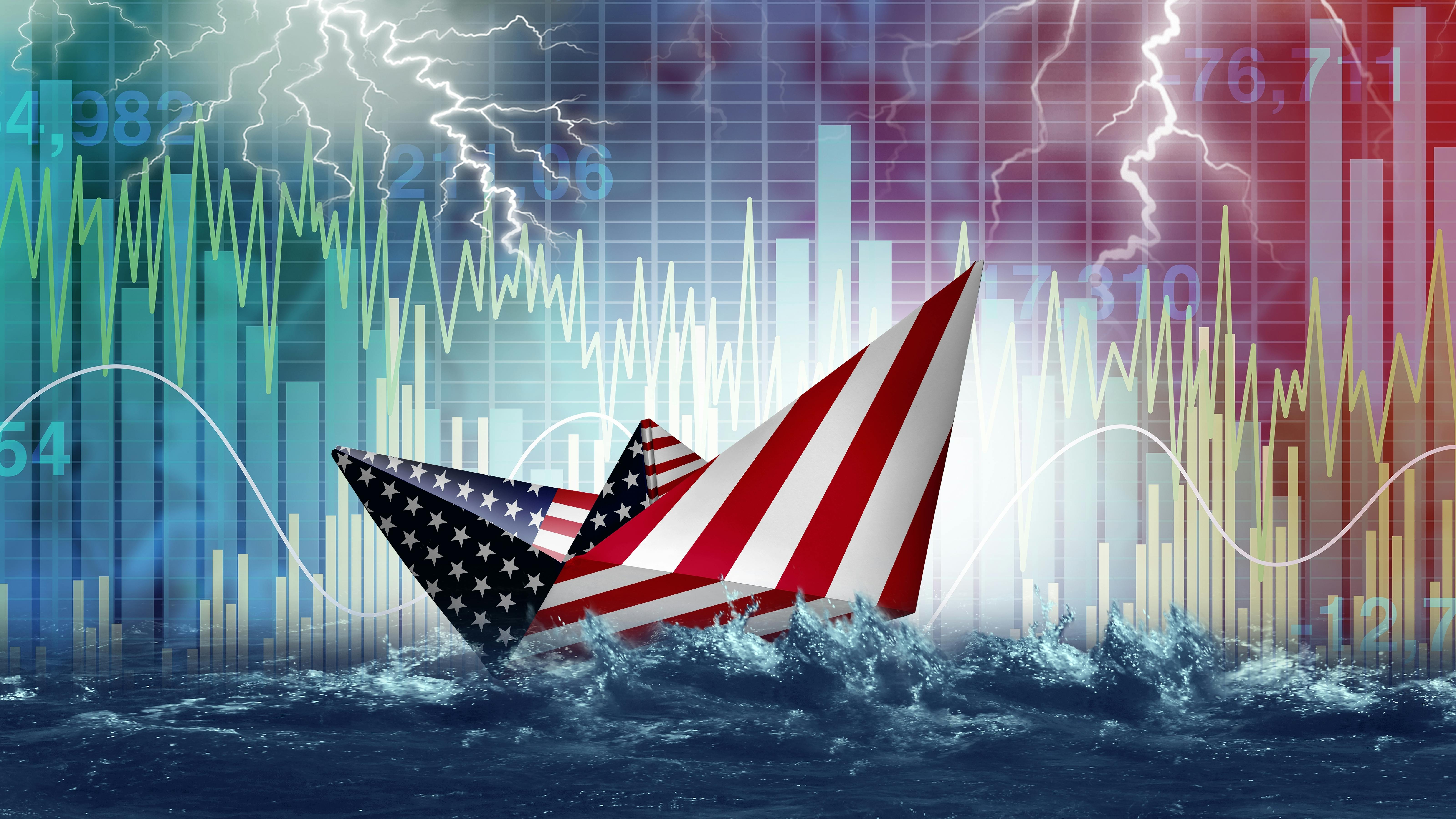 U.S. economic and stock market turbulence depicted as an American paper boat symbol facing uncertain global economic danger in a 3D illustration style.