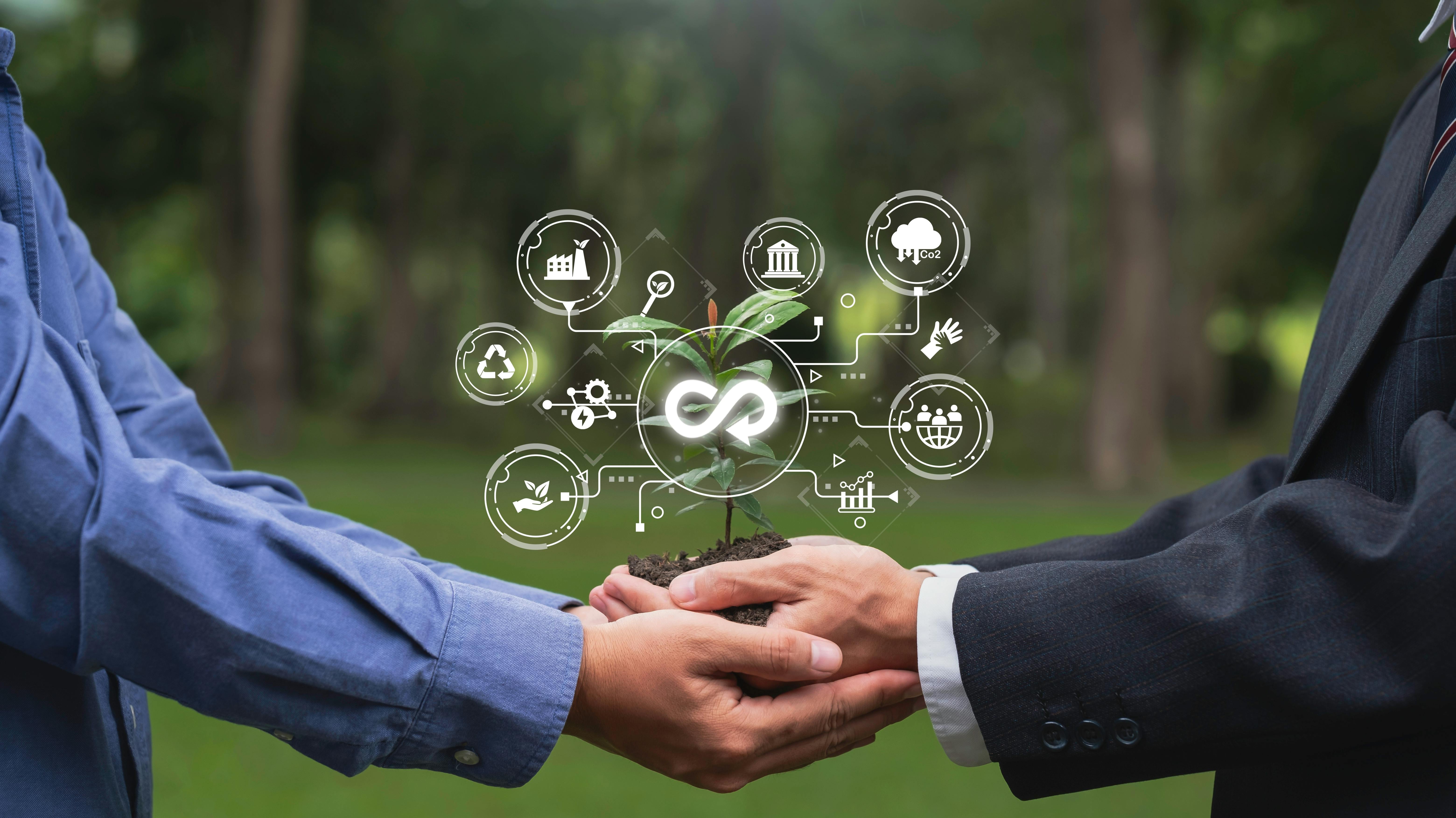 Circular economy icon in globe on nature background