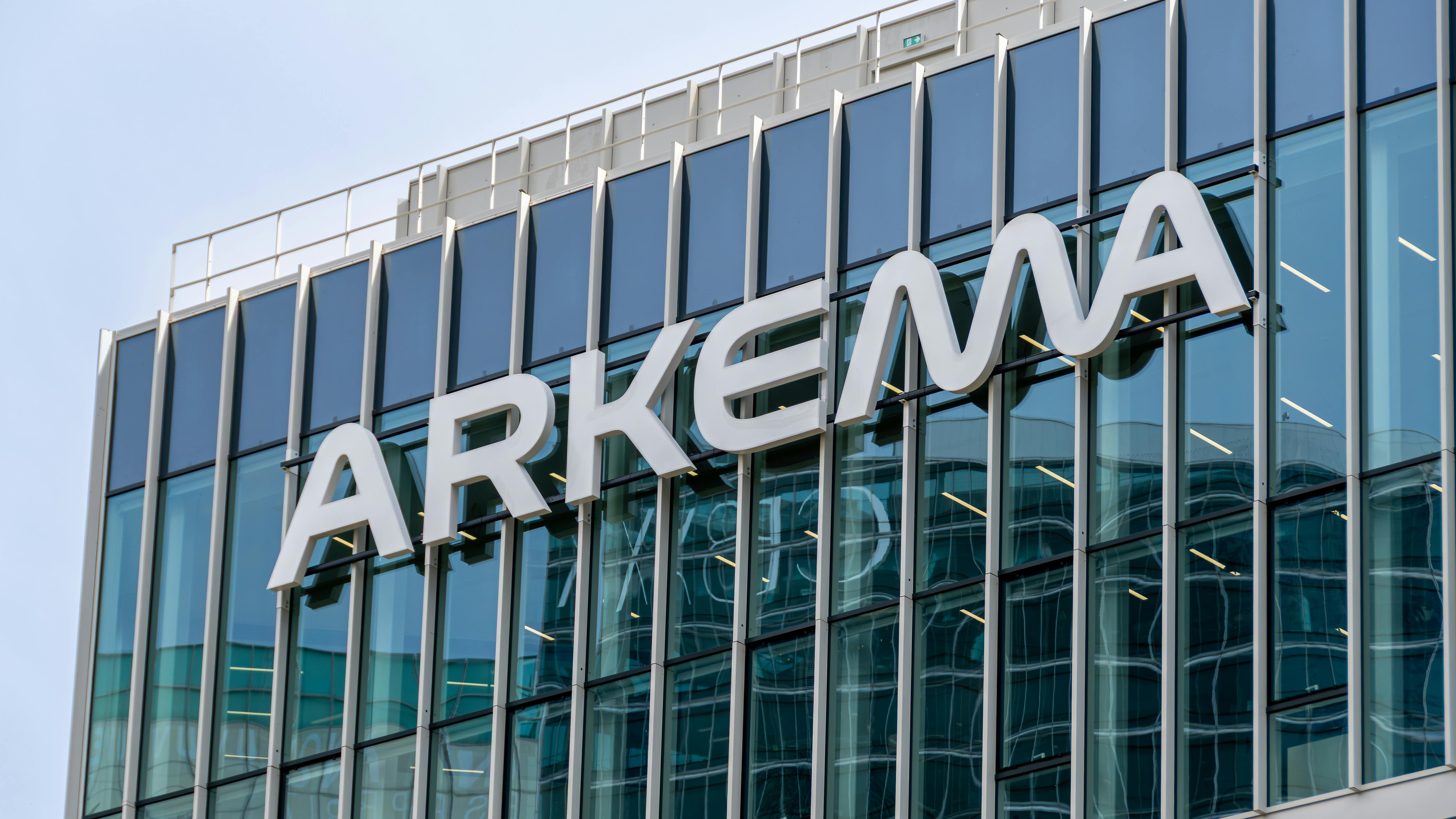 Sign and logo on Arkema's headquarters in the Paris La D&eacute;fense business district.