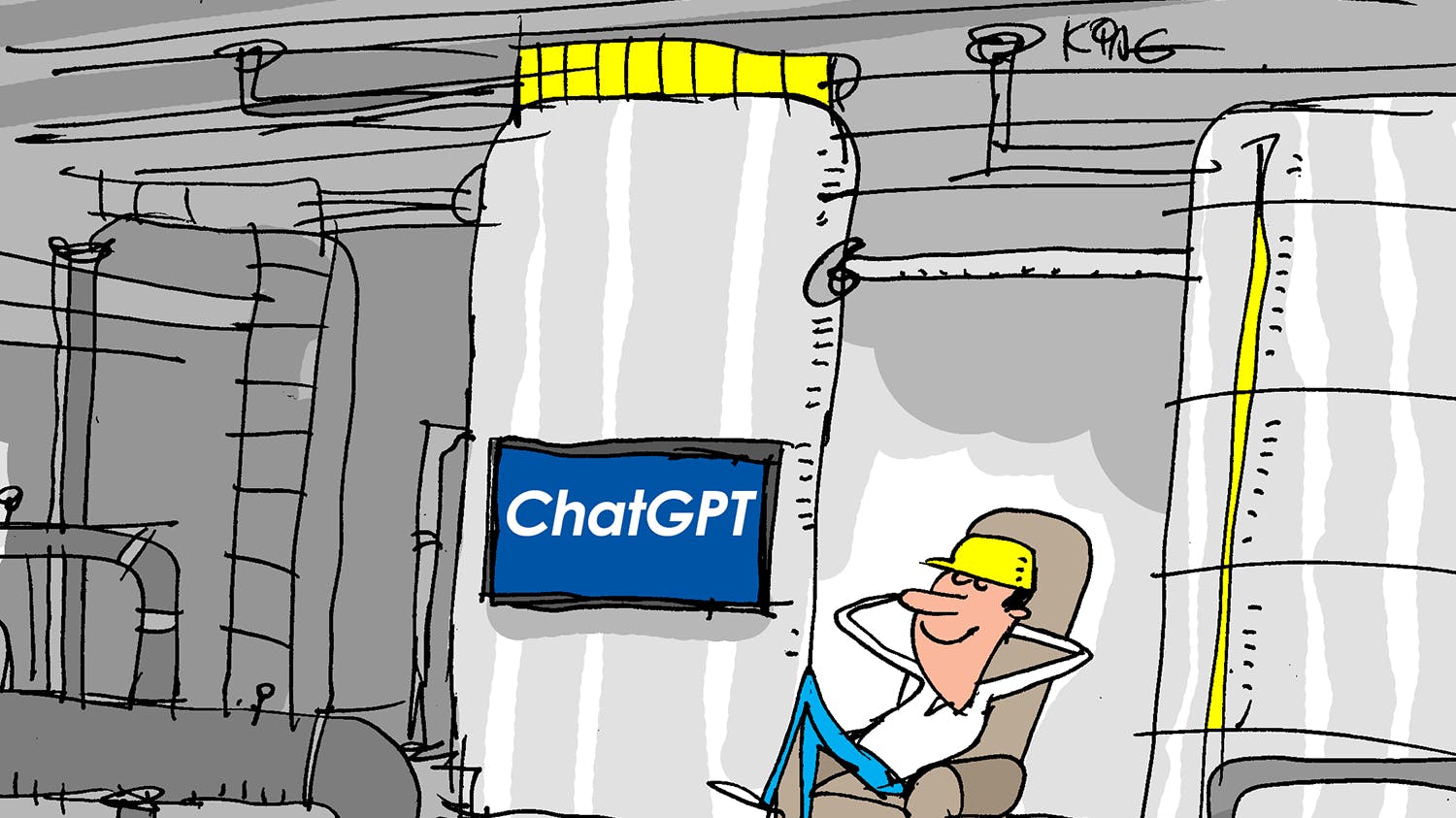 Jerry King cartoon of an operator sitting next to a machine using ChatGPT