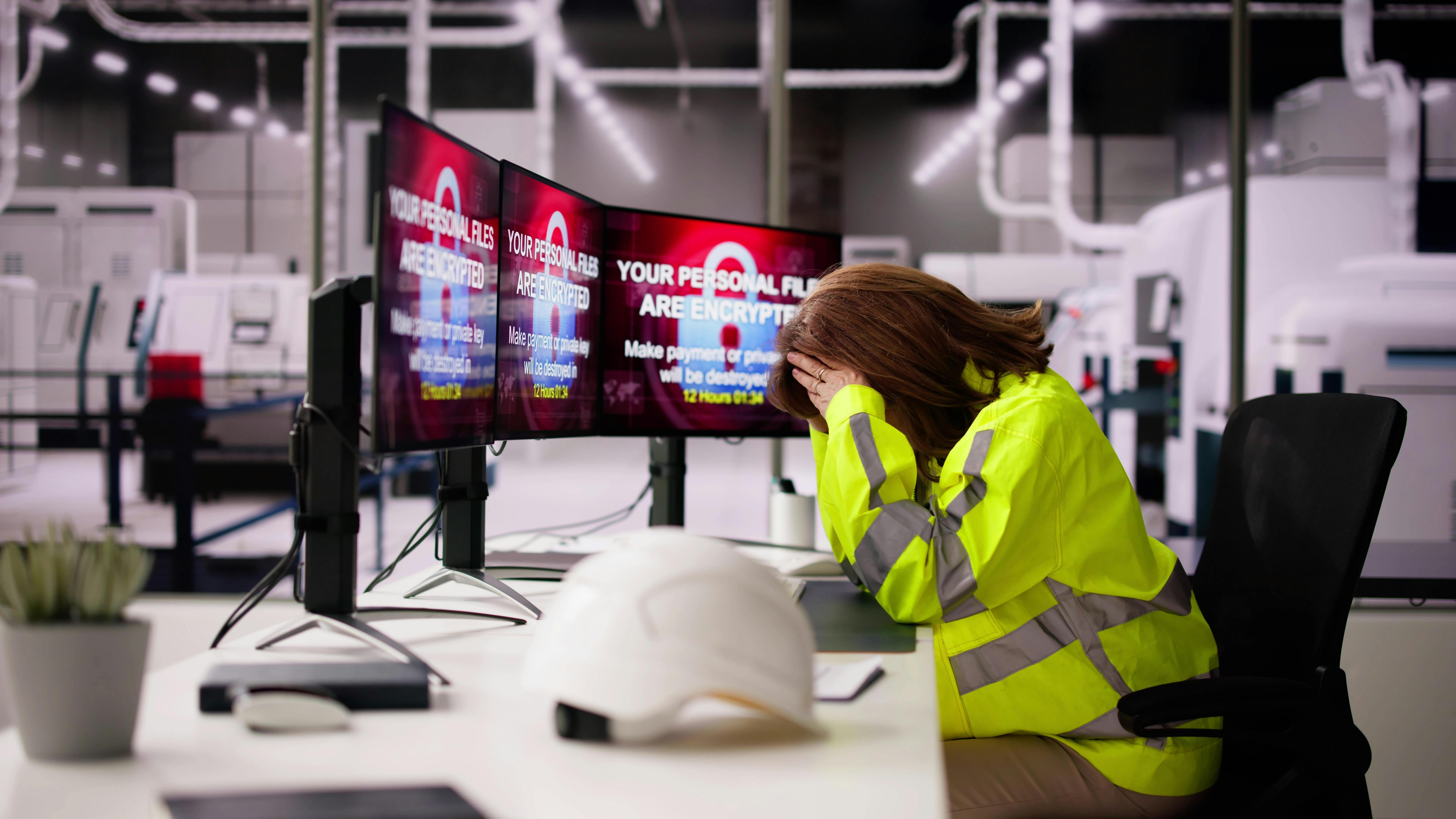 An operator stressing over a cyber attack at an industrial facility
