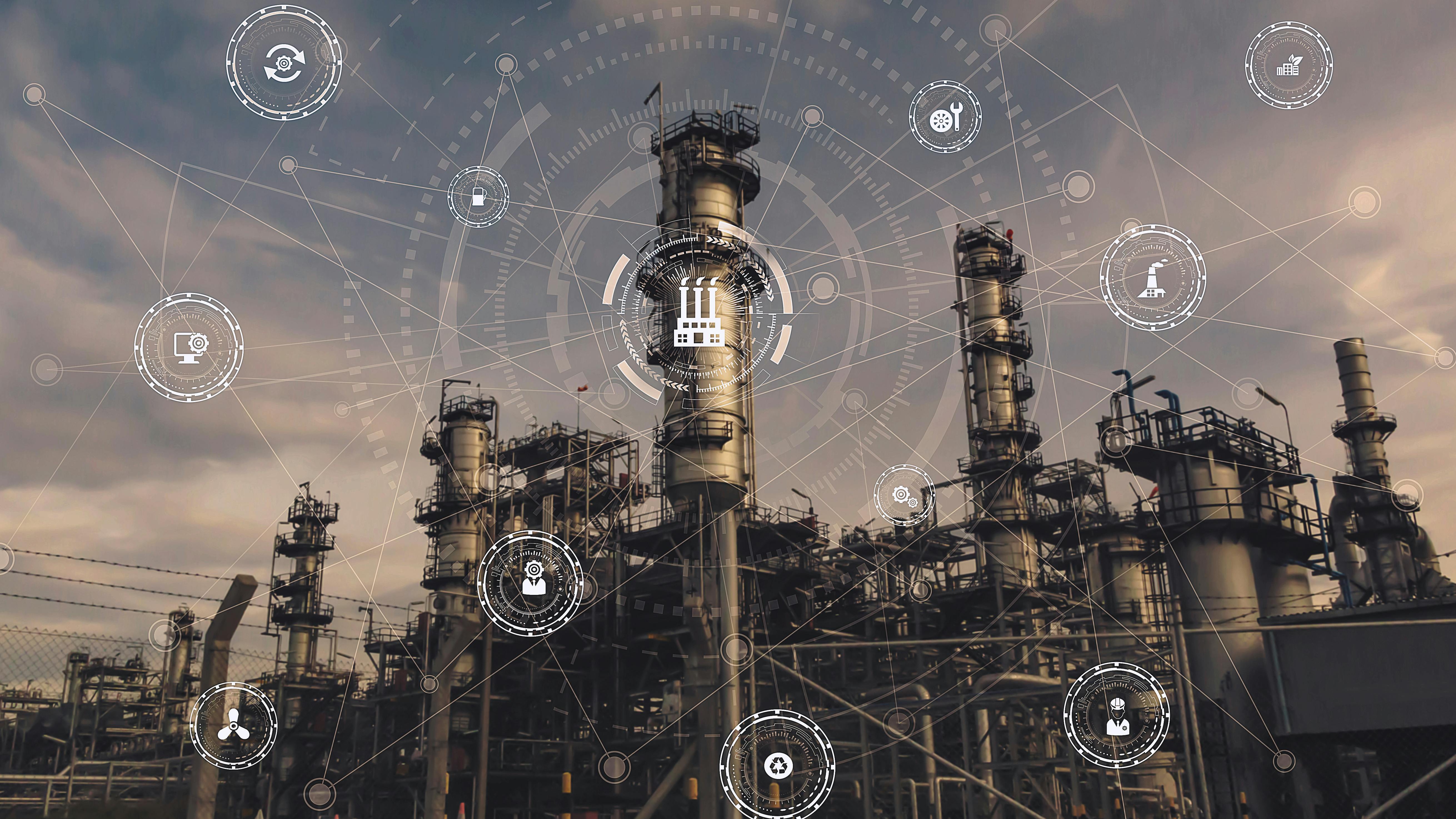 Industrial process instruments and control systems connected through digital networks in a factory setting, illustrating a cyber-physical system with sensors, gauges, and data flow overlay.