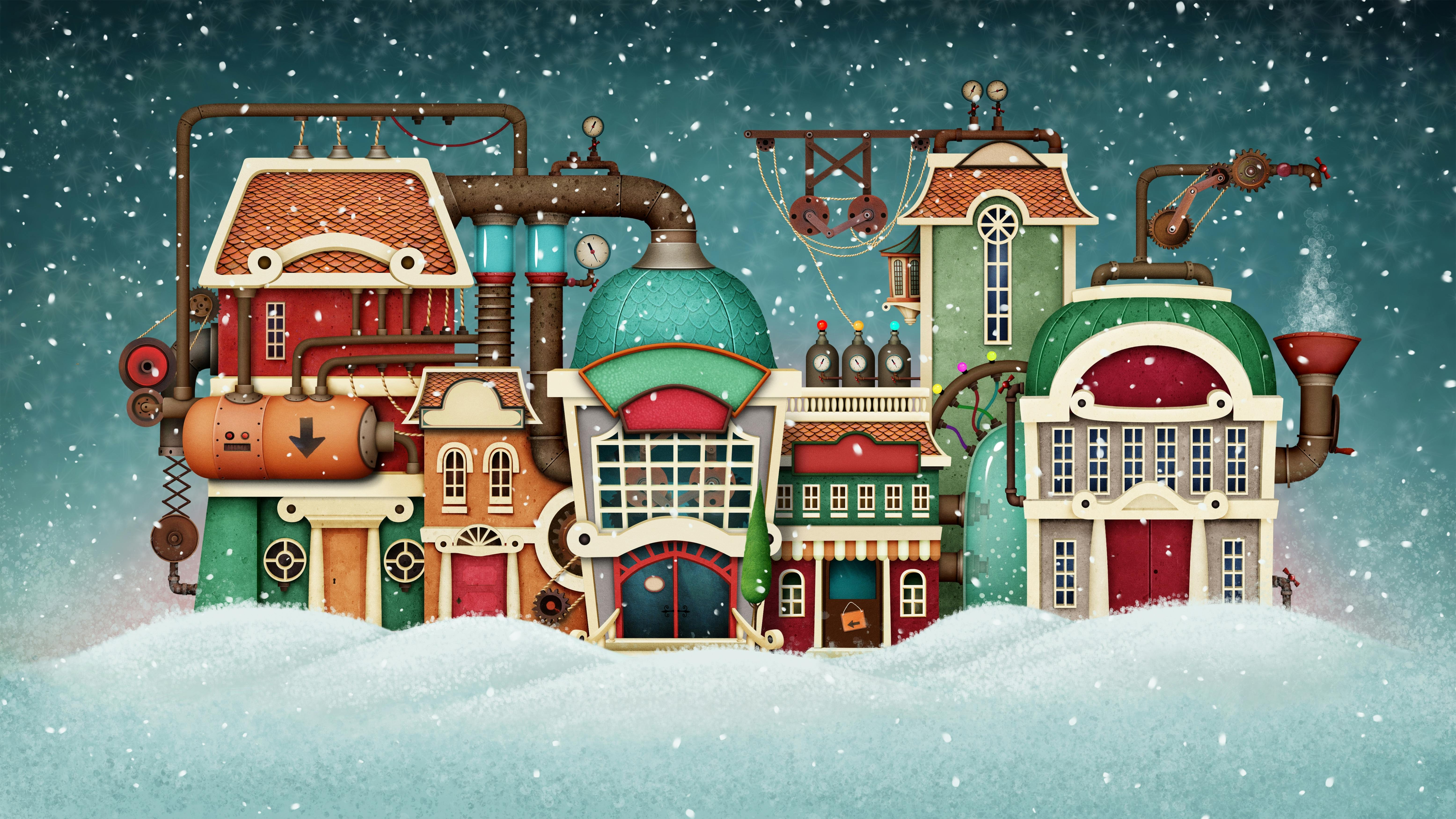 A factory made out to look like a winter wonderland