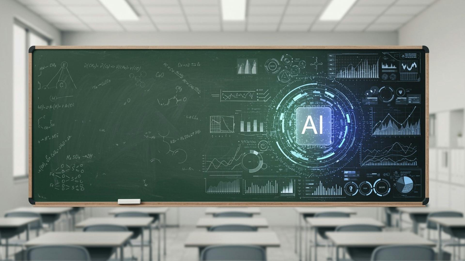 Chemical engineering degree classroom with digital AI icon overlaid on chalkboard to represent education concept.
