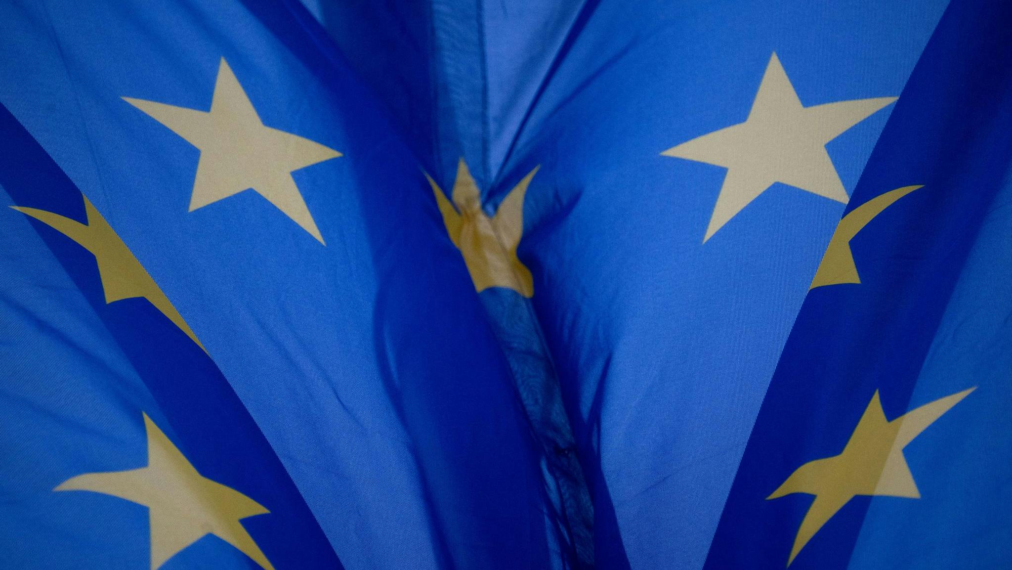 Closeup shot of the European Union flag flying in the wind. (Sebastian Gollnow/dpa/TNS)