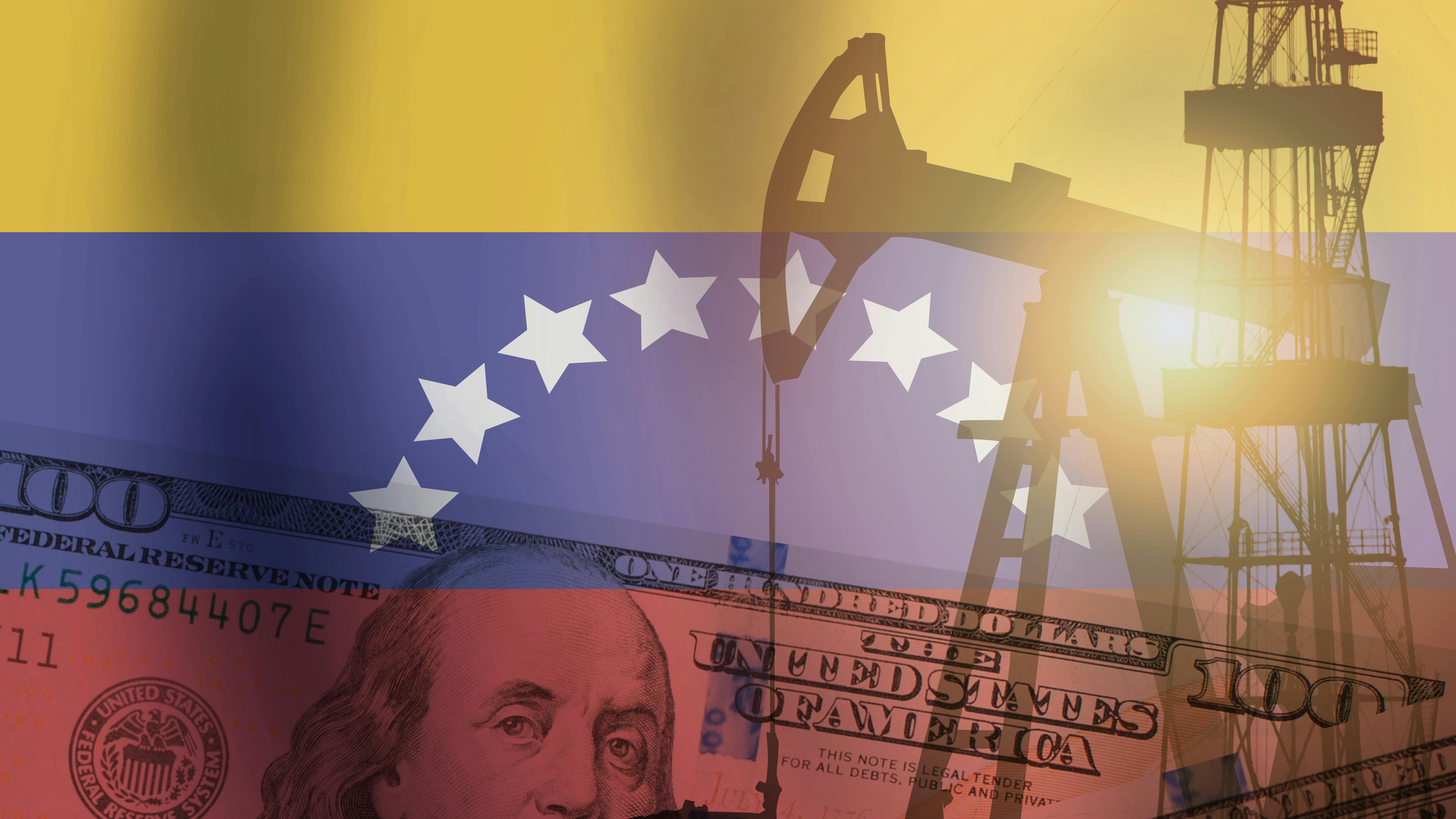 Crude oil and petroleum concept. Pump jack, US dollar notes and Venezuela flag background