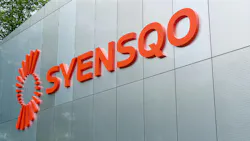 Syensqo headquarters logo on side of building Syensqo headquarters logo on side of building
