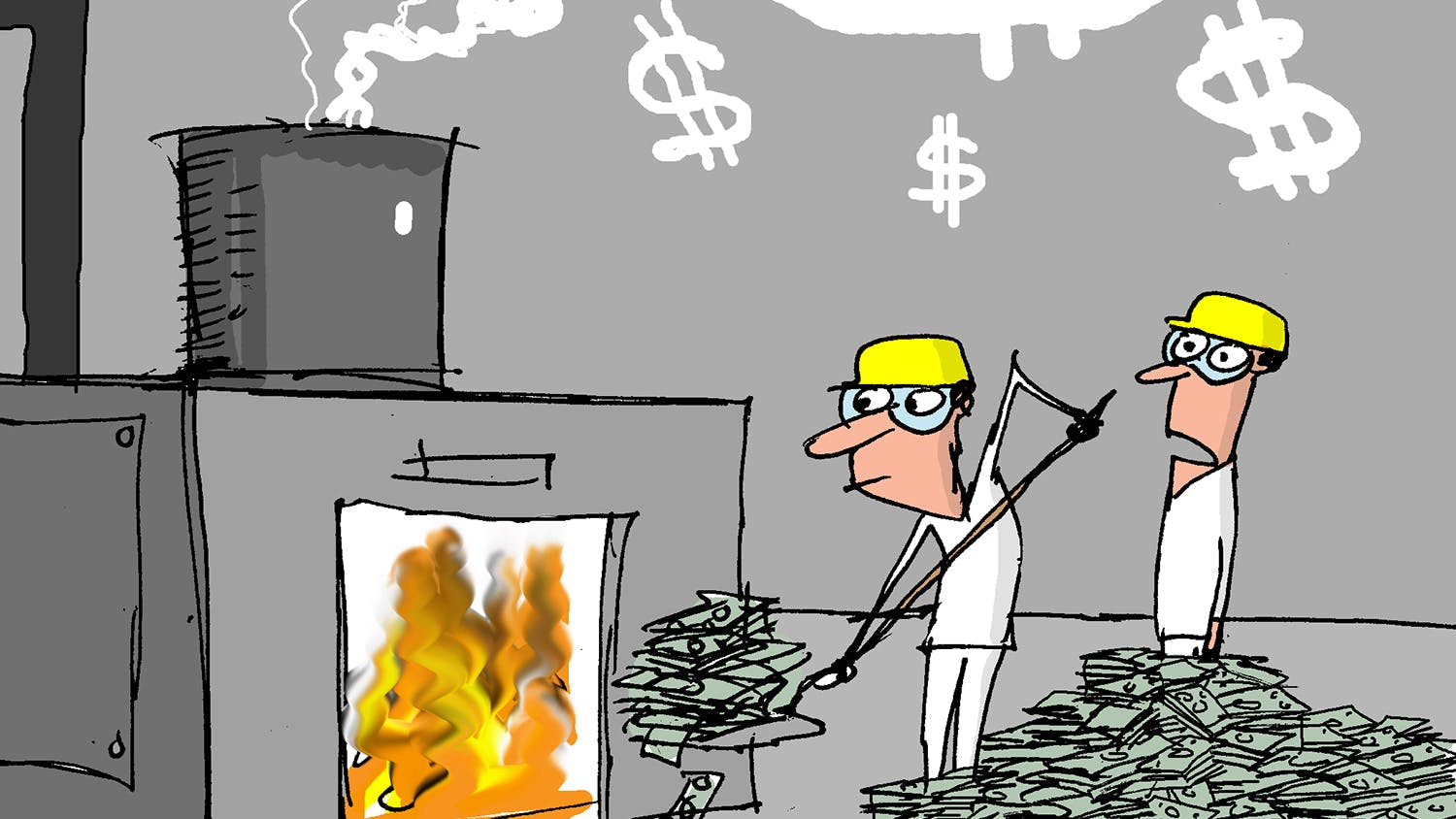 Comical Processing cartoon from Jerry King showing operators shoveling money into a furnace.
