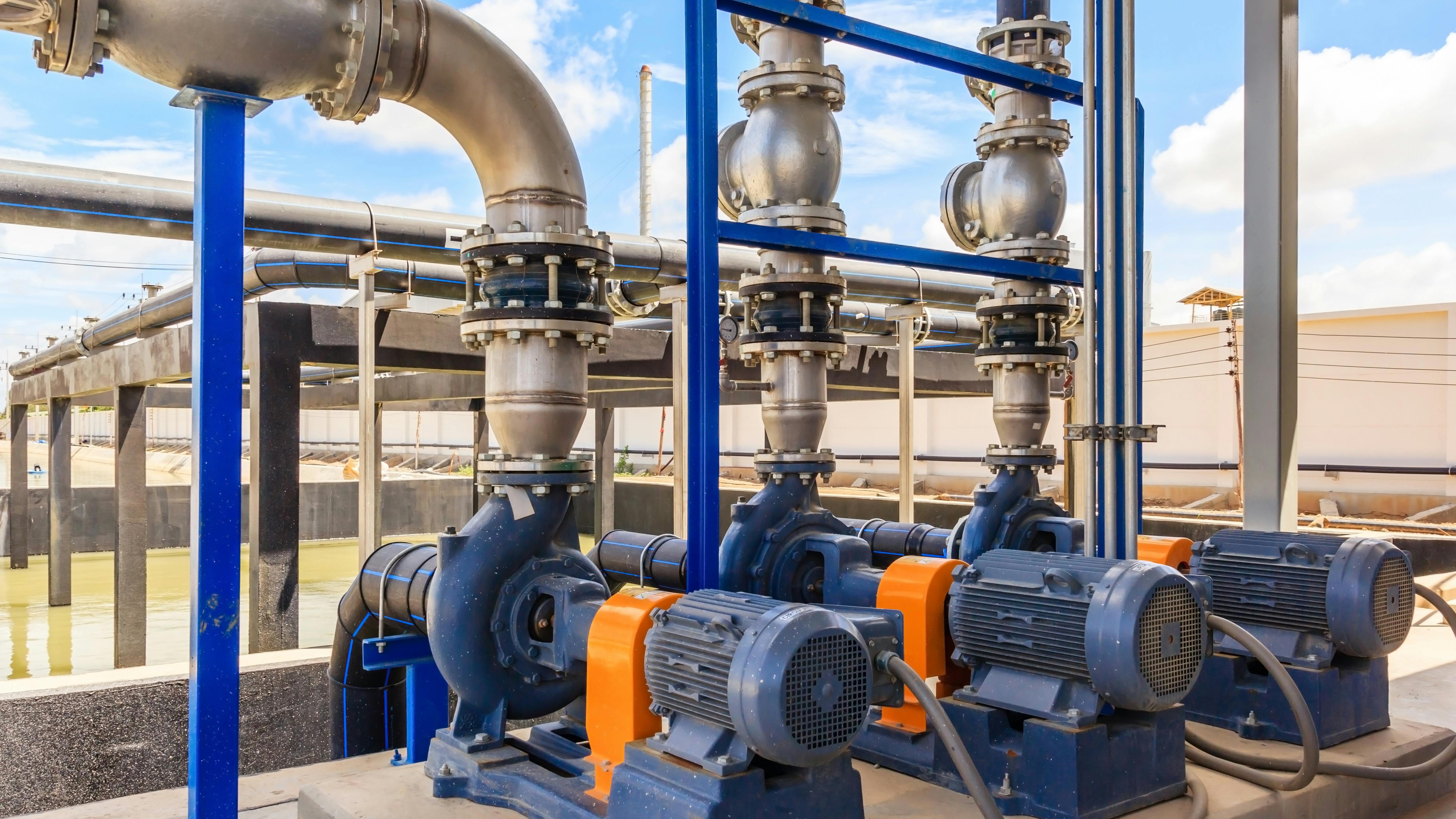 Wastewater treatment plant. A new pumping station. Valves and pipes. Urban modern treatment facilities, pipelines and pumps powerful, modern automatic system protection and control.